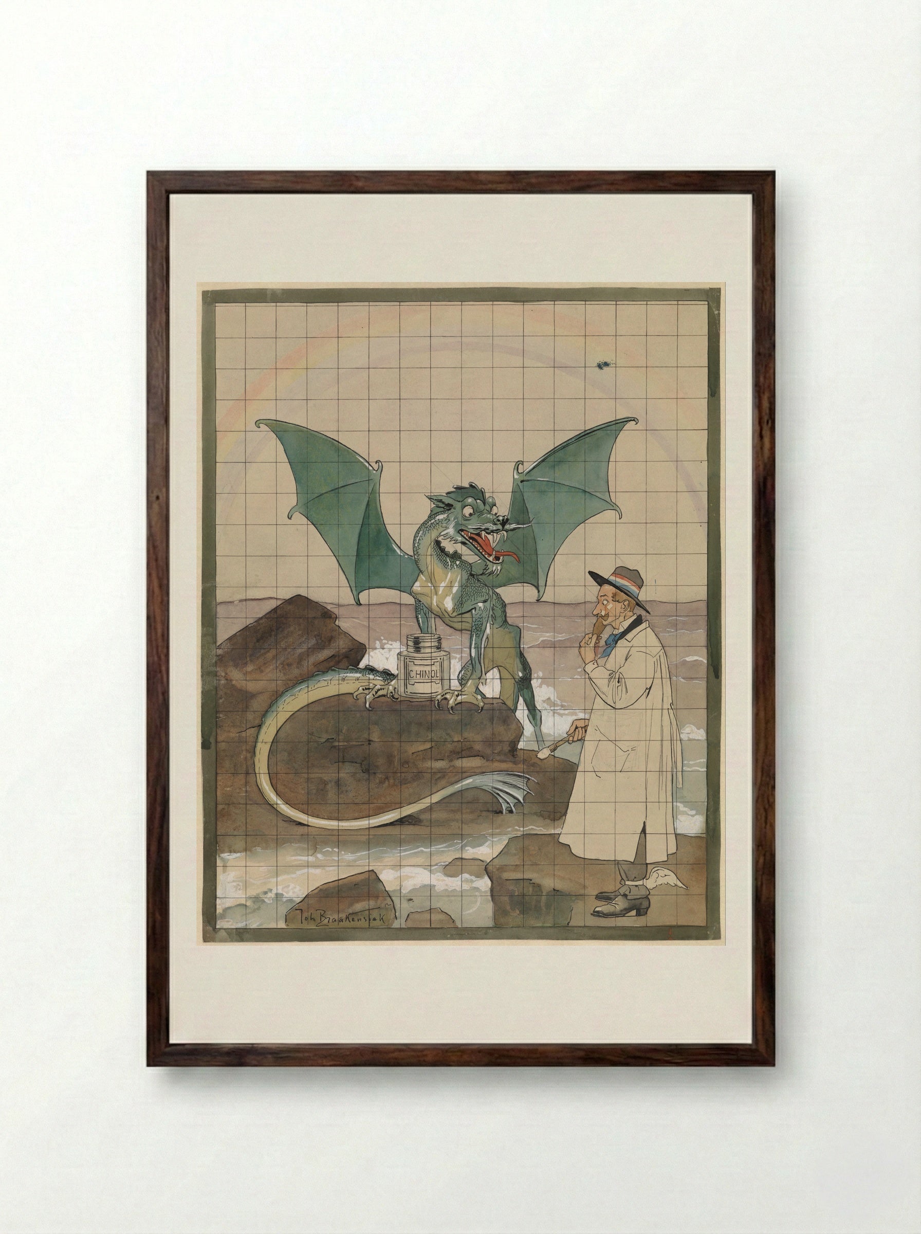 Artist with Dragon and Pot of Chinol - Johan Braakensiek - Framed Print Dark Wood