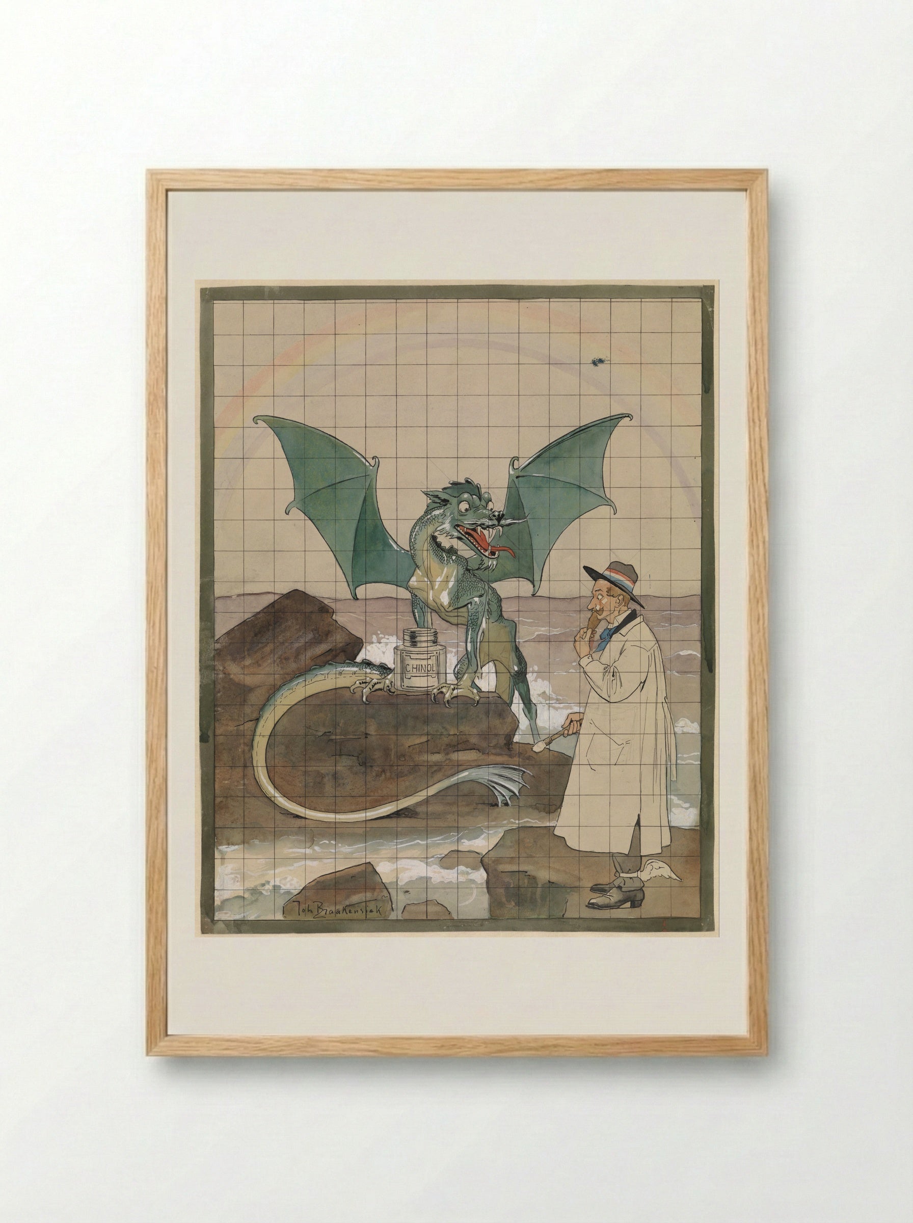 Artist with Dragon and Pot of Chinol - Johan Braakensiek - Framed Print Wood