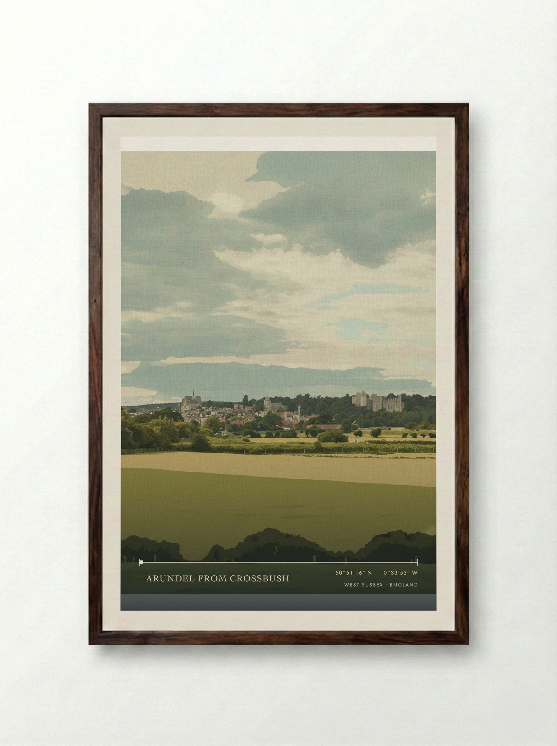 Arundel from Crossbush West Sussex England Travel Poster - Framed Print Dark Wood