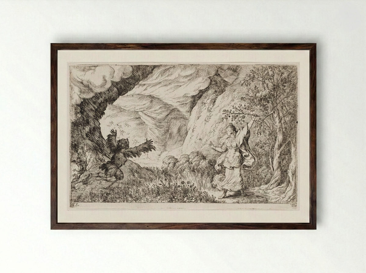 Ascalaphus Is Transformed into an Owl by Ceres - Johann Wilhelm Baur - Framed Print Dark Wood