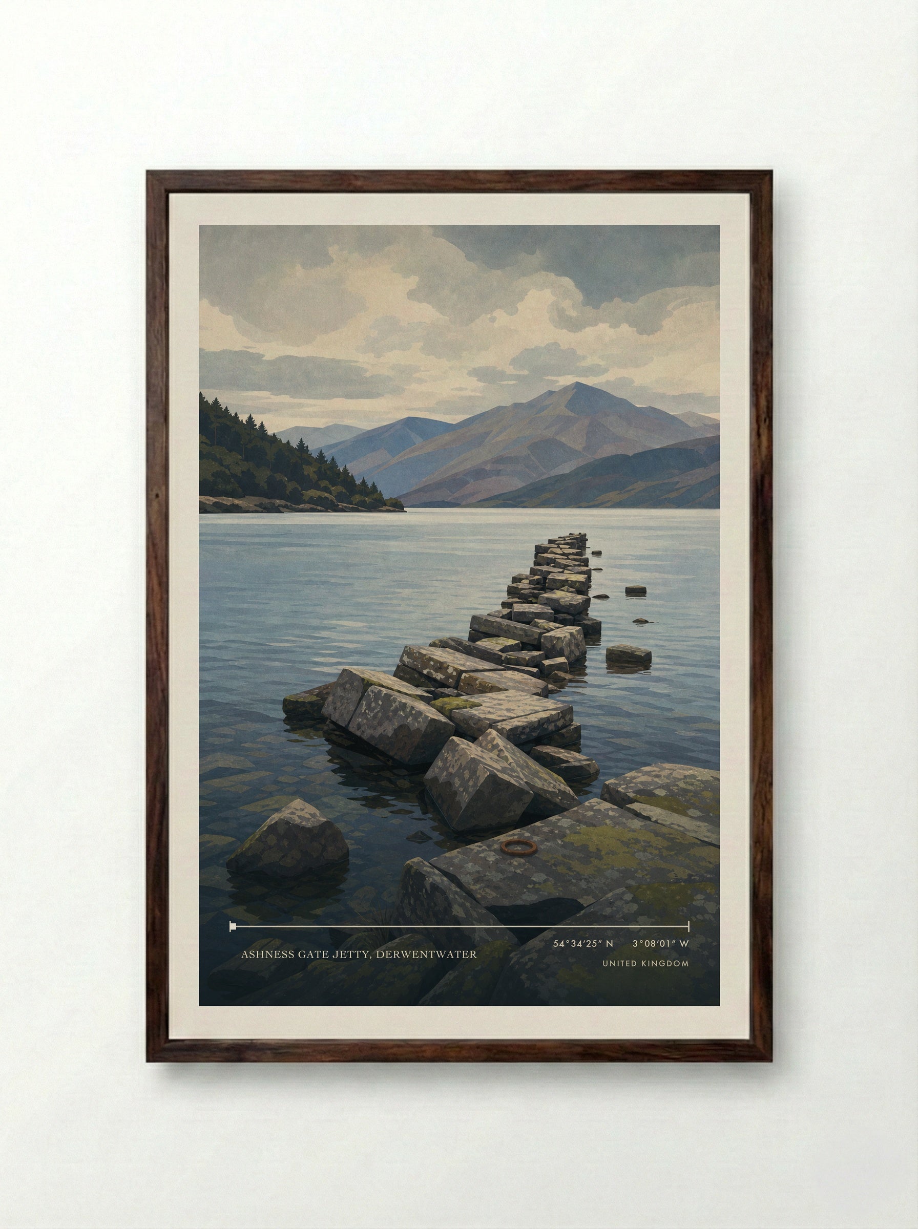 Ashness Gate Jetty, Derwentwater United Kingdom Travel Poster - Framed Print Dark Wood