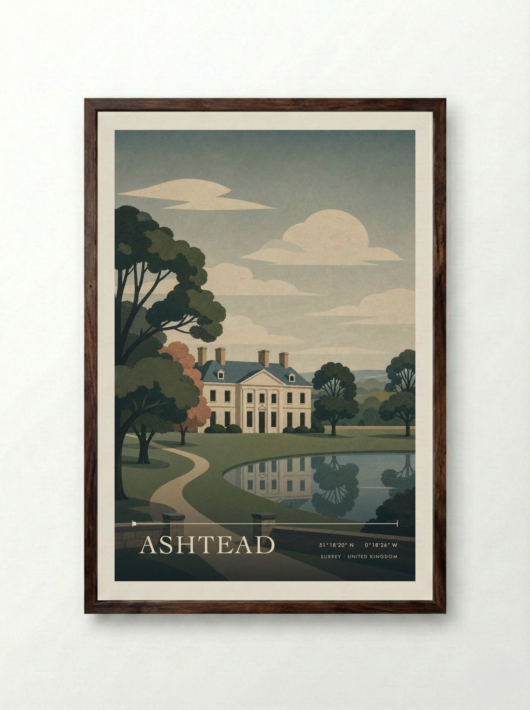 Ashtead Surrey United Kingdom Travel Poster - Framed Print Dark Wood