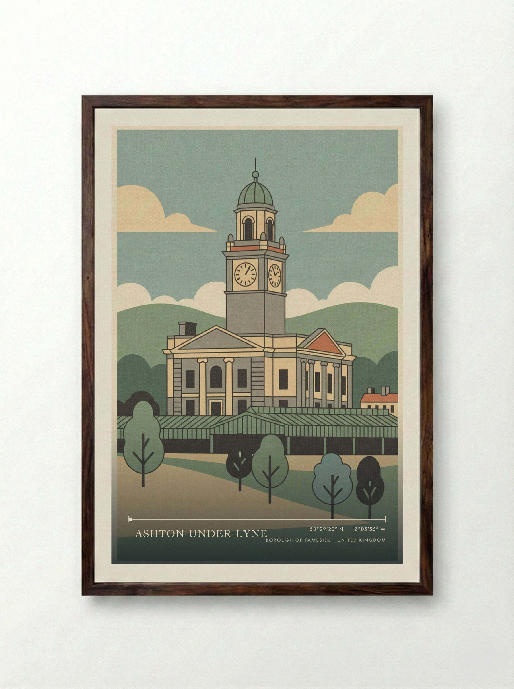 Ashton-under-Lyne Borough of Tameside United Kingdom Travel Poster - Framed Print Dark Wood