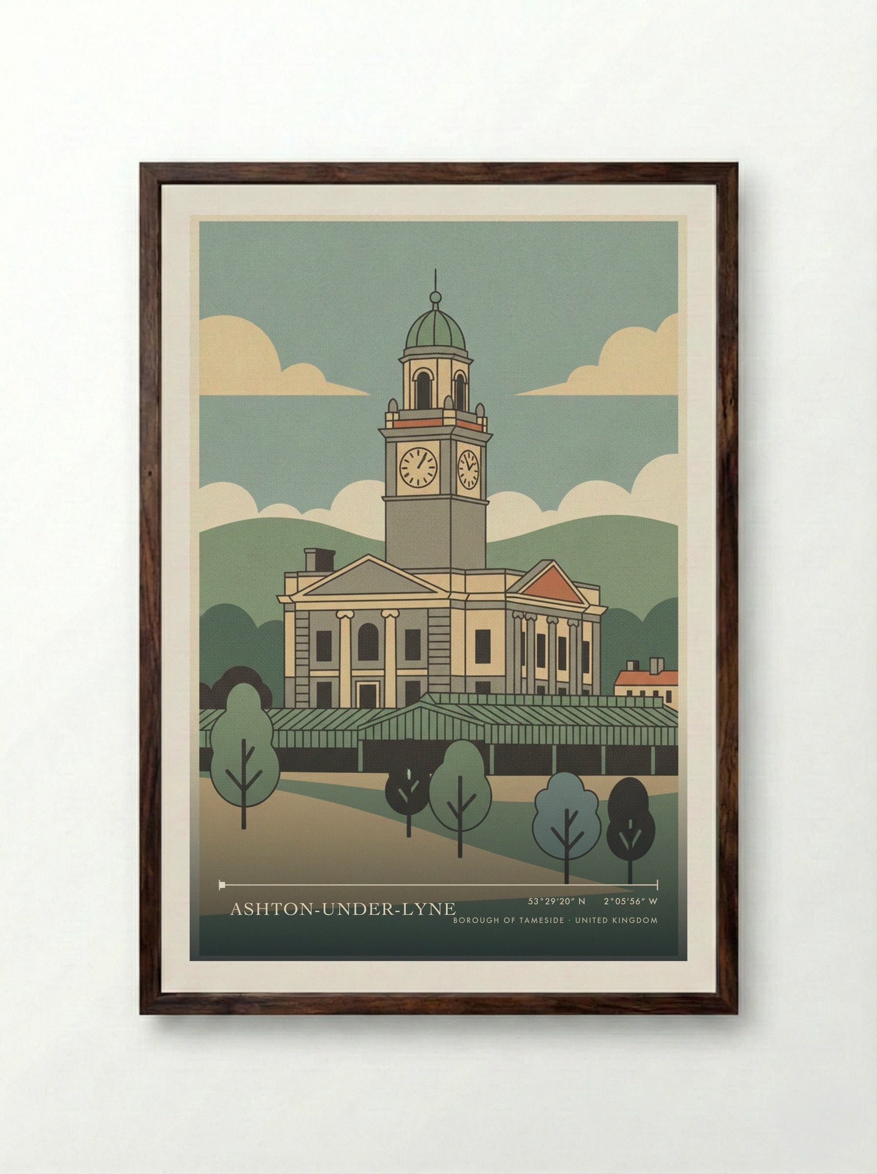 Ashton-under-Lyne Borough of Tameside United Kingdom Travel Poster - Framed Print Dark Wood
