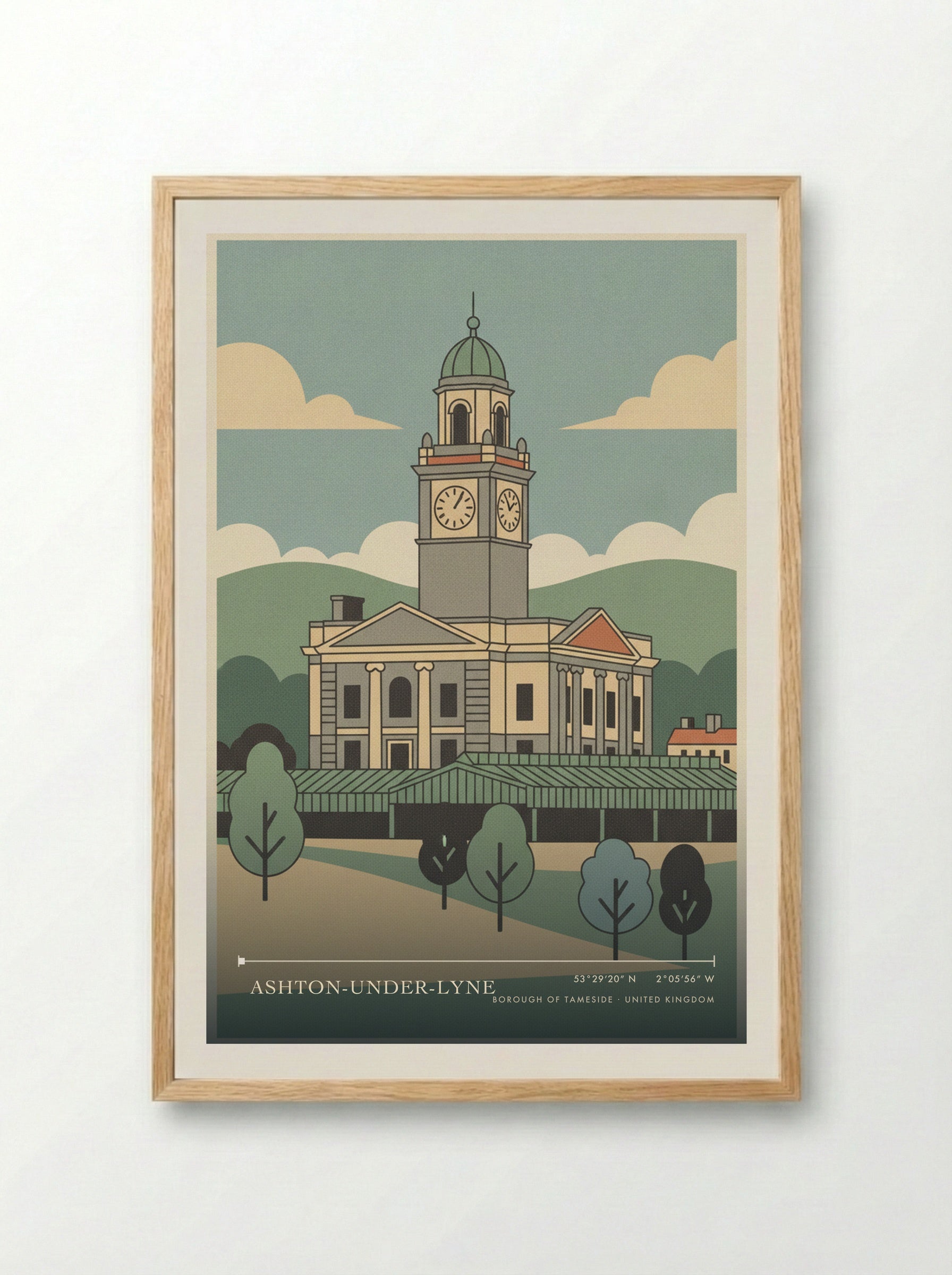 Ashton-under-Lyne Borough of Tameside United Kingdom Travel Poster - Framed Print Wood
