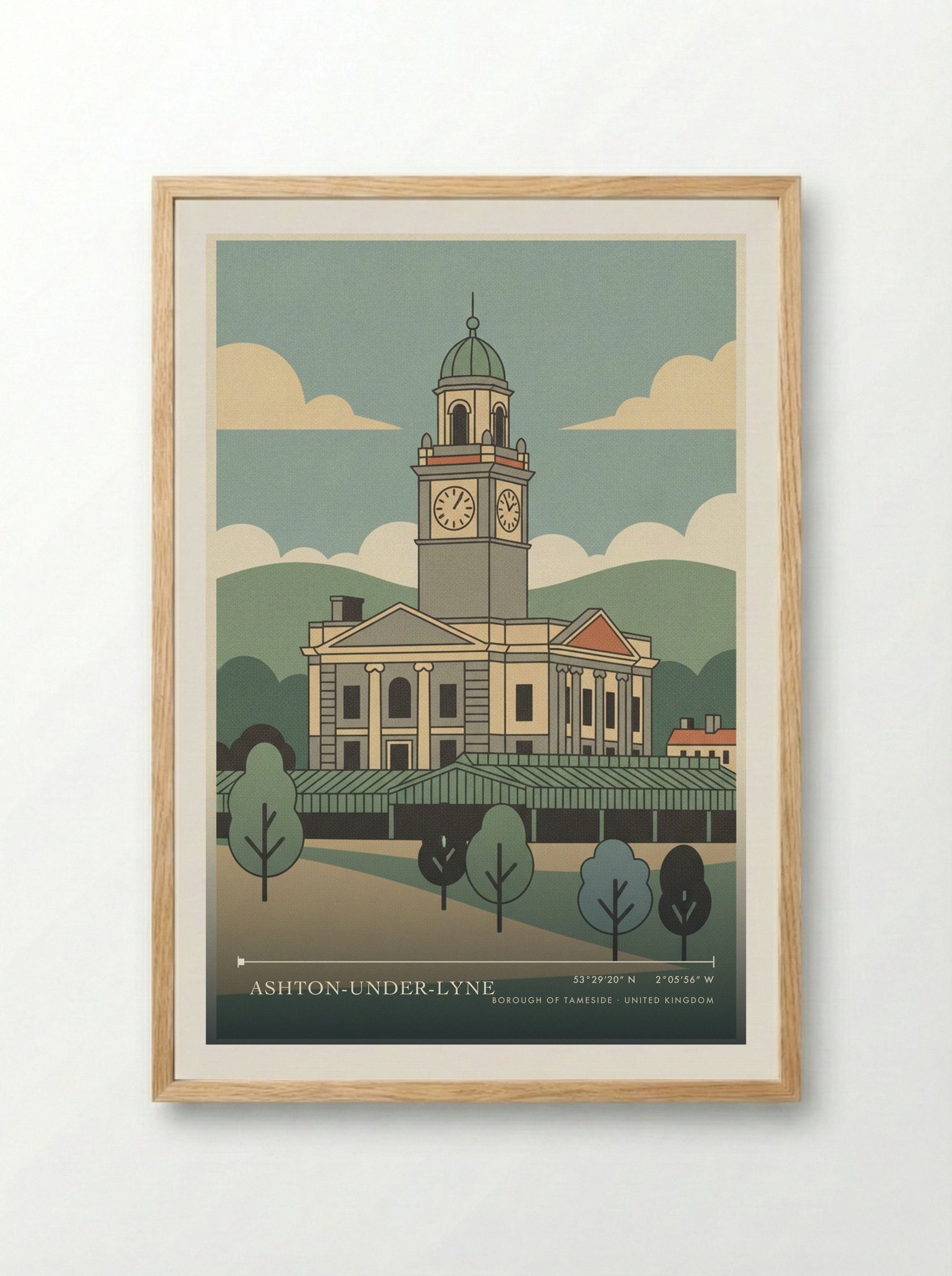 Ashton-under-Lyne Borough of Tameside United Kingdom Travel Poster - Framed Print Wood
