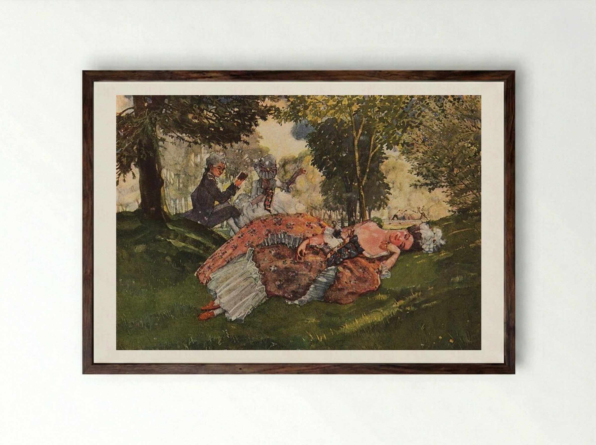 Asleep on the Grass - Konstantin Somov - Framed Print Dark Wood