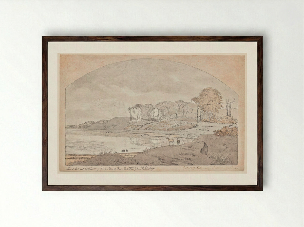 Asnæs Skov, Bay at Kalundborg Fjord - Johan Thomas Lundbye - Framed Print Dark Wood