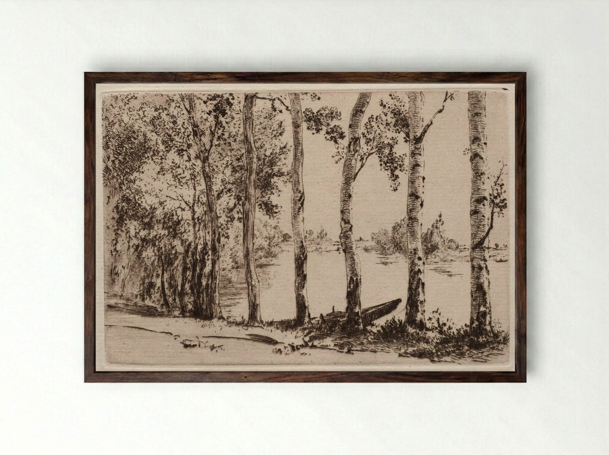 Aspens on the Bank of the Seine - Félix Bracquemond - Framed Print Dark Wood