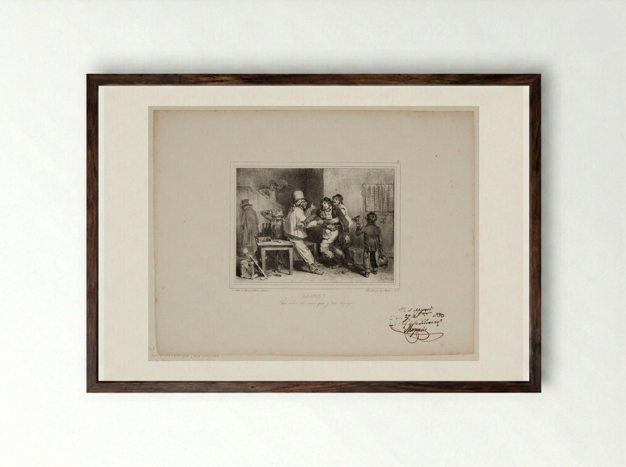 Assez! Les amis un verre que j'me dégorge - Denis-Auguste-Marie Raffet - Framed Print Dark Wood
