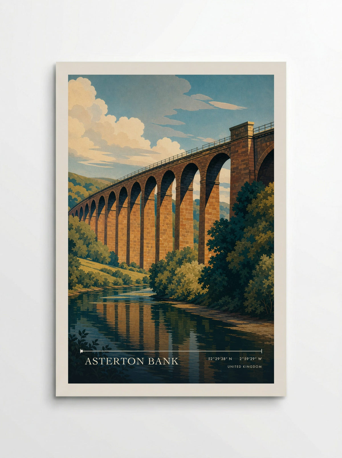 Asterton Bank travel poster: a high stone viaduct, repeated arches and warm reflections on a calm wooded river