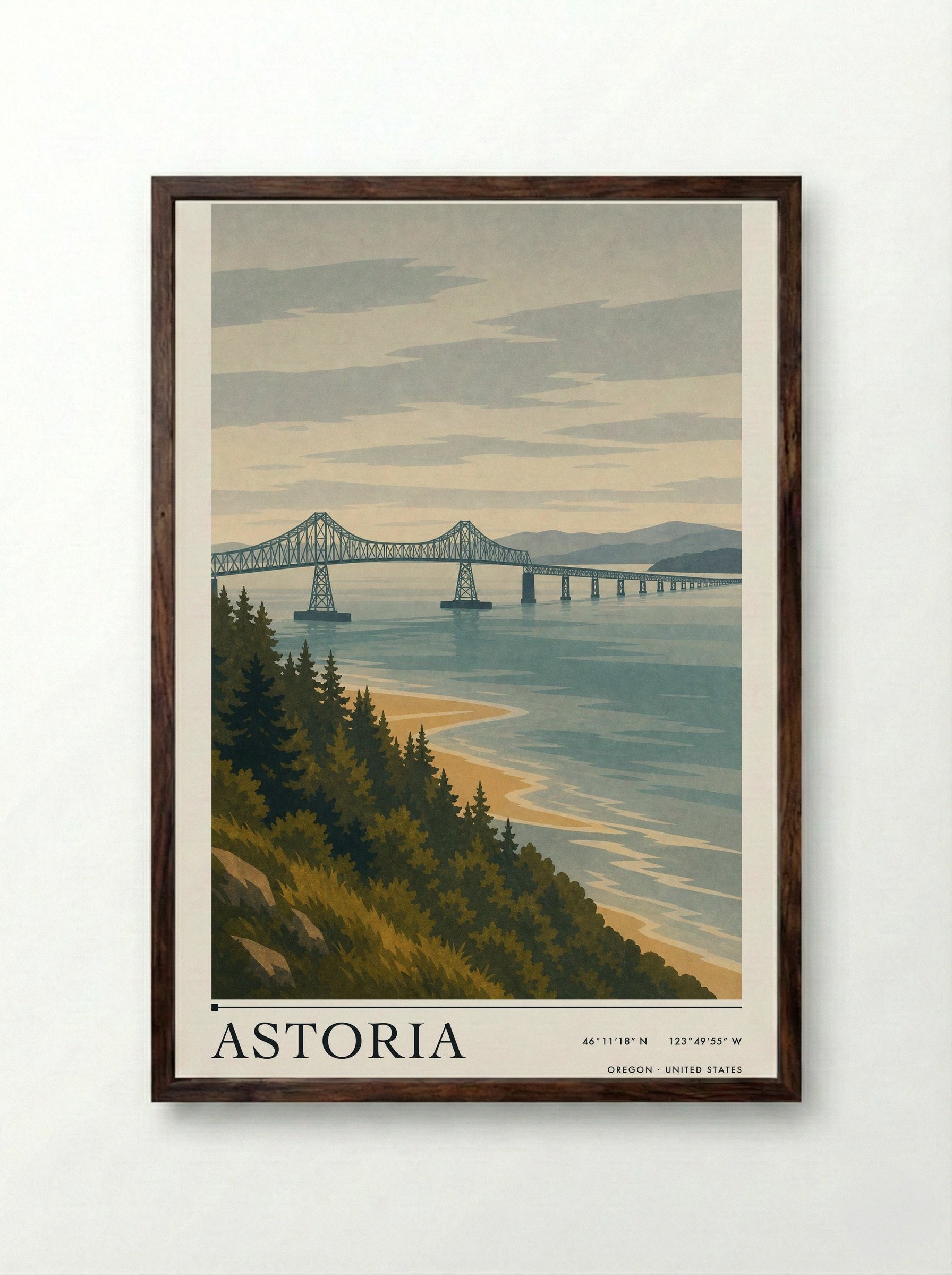 Astoria Travel Poster Artwork - Framed Print Dark Wood