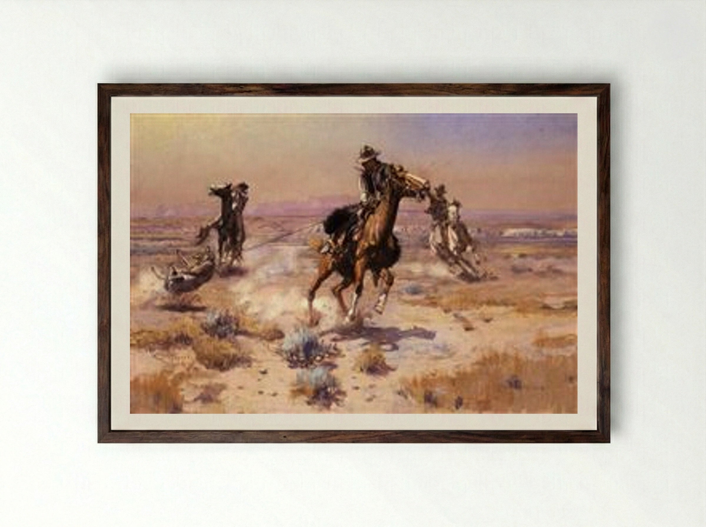 At Rope's End - Charles M. Russell - Framed Print Dark Wood
