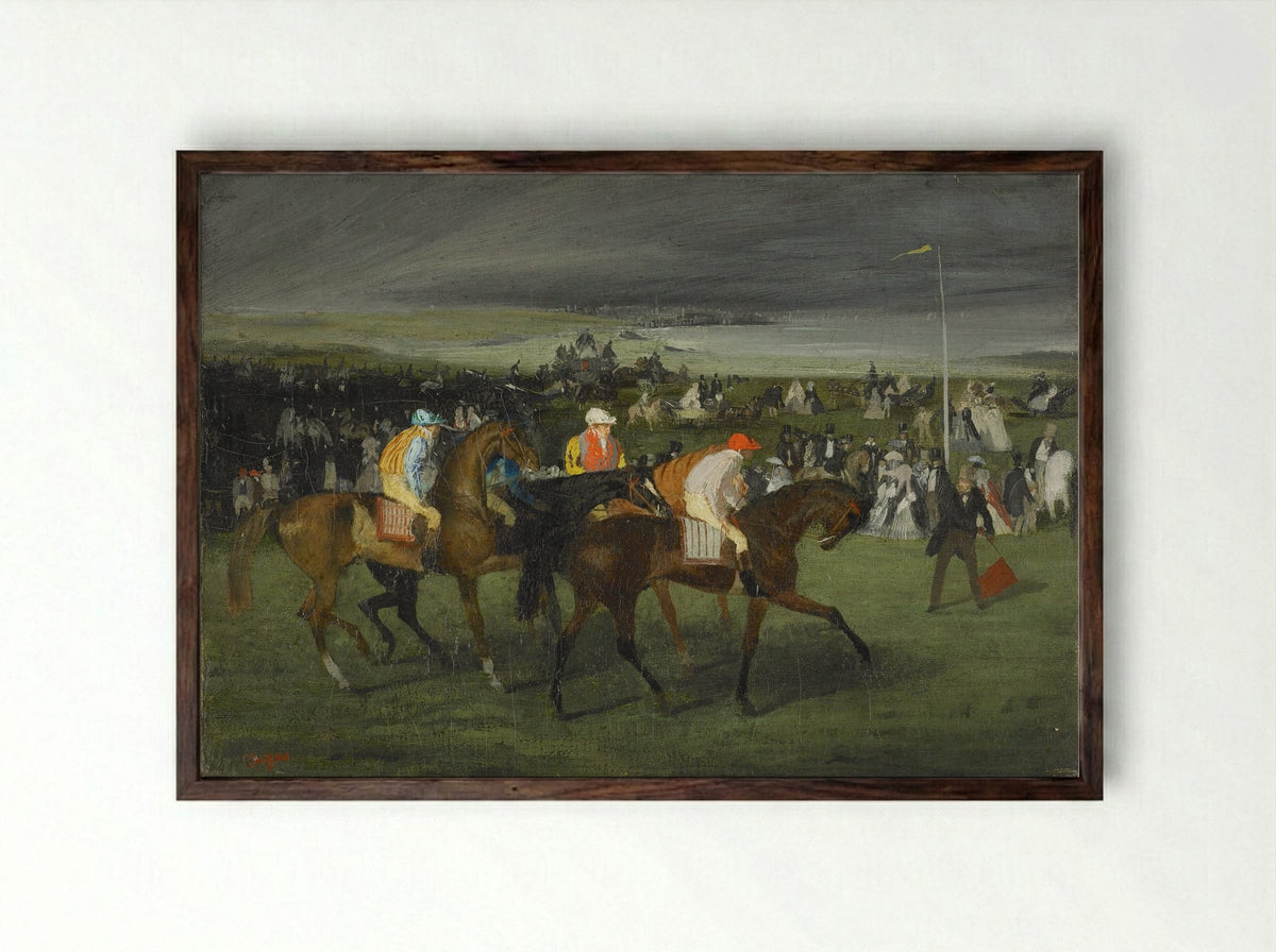 At the Races: The Start - Edgar Degas - Framed Print Dark Wood