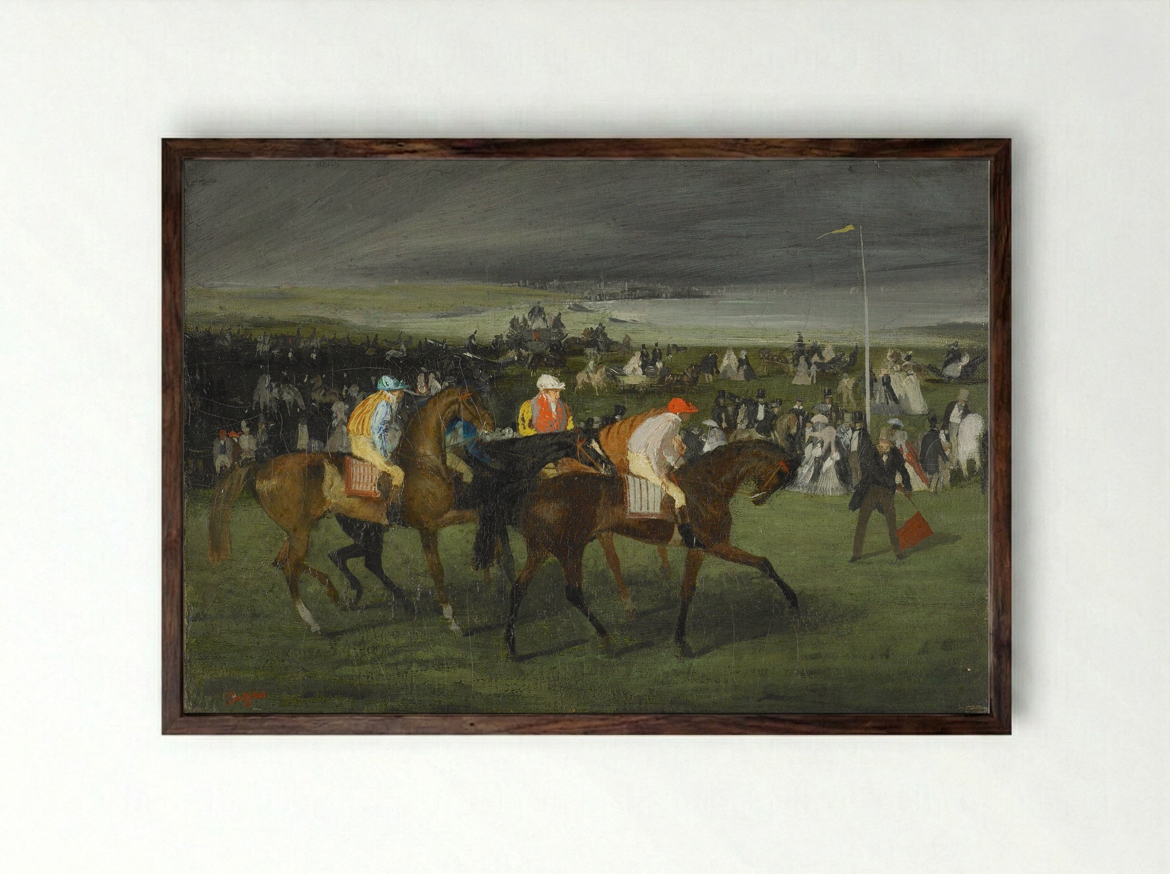 At the Races: The Start - Edgar Degas - Framed Print Dark Wood