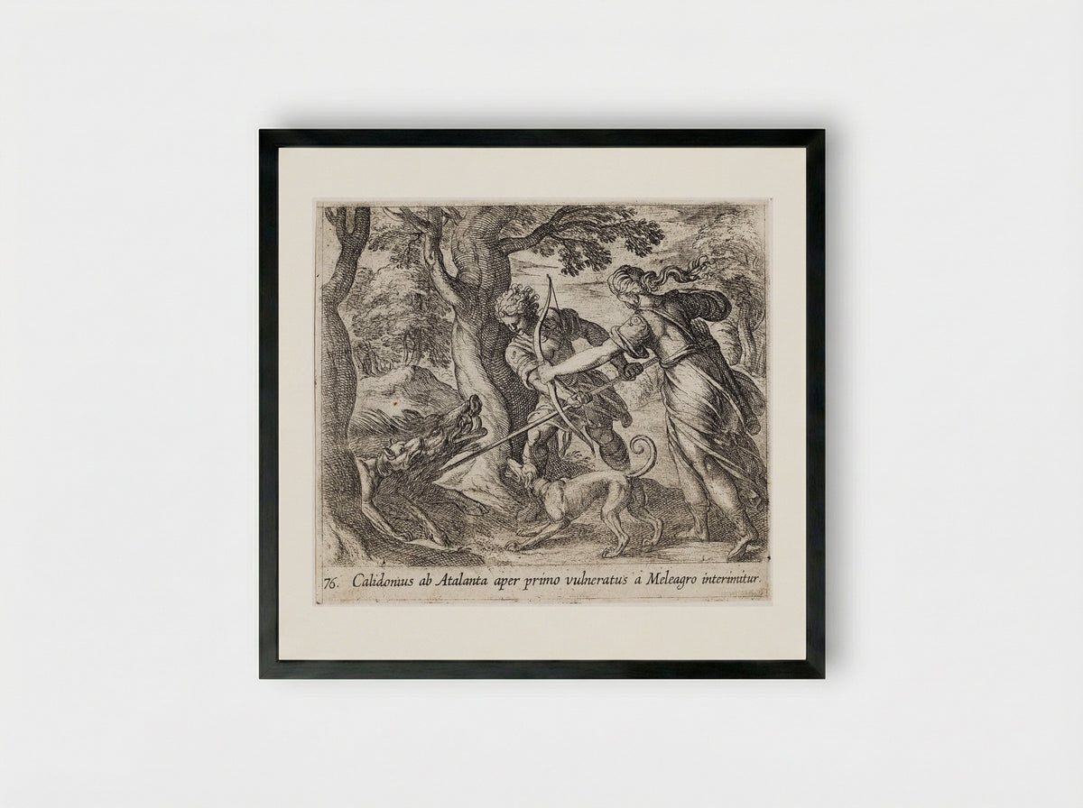 Atalanta and Meleager Killing the Wild Boar - Antonio Tempesta - Framed Print Black