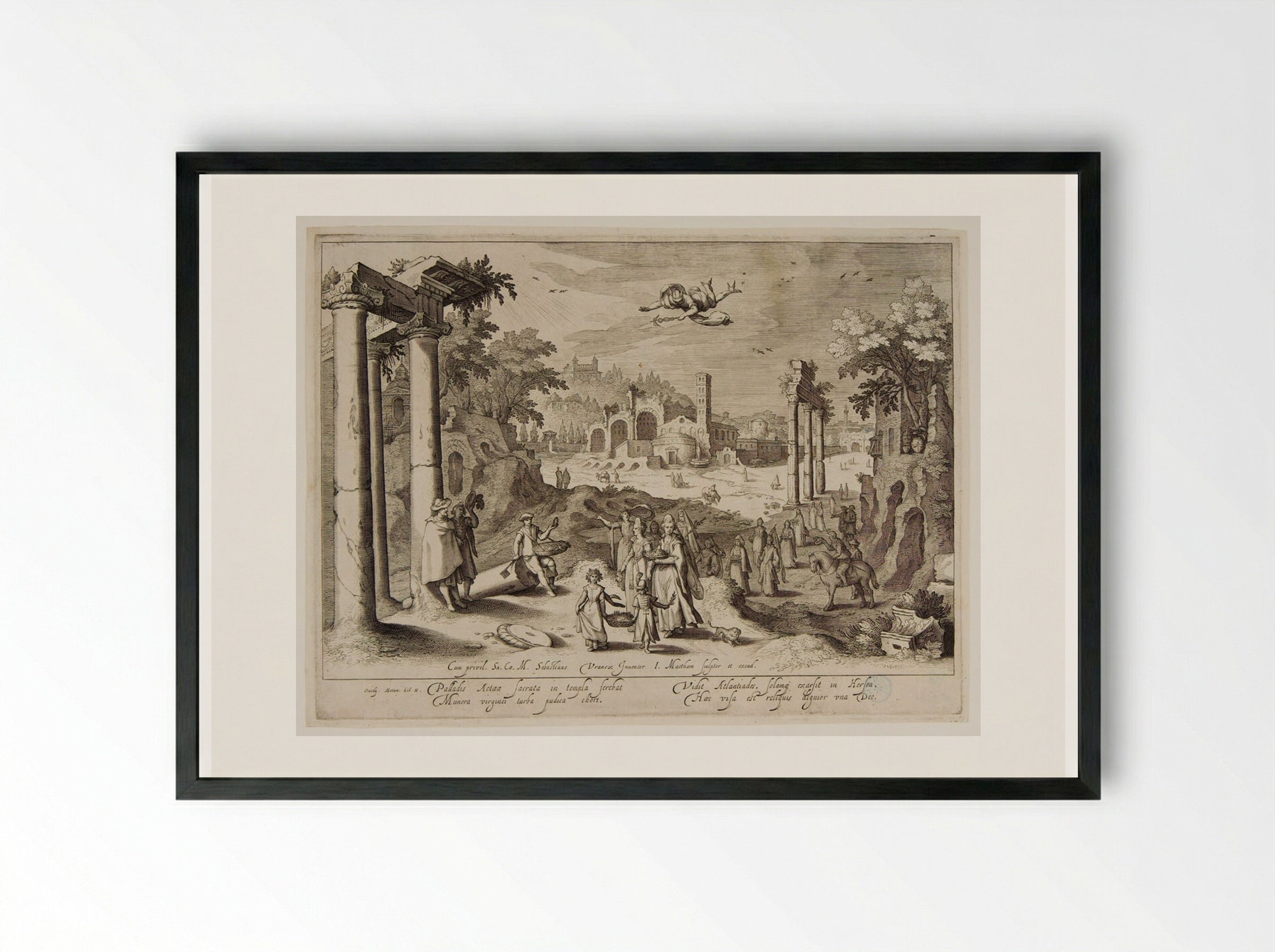 Atalantiades Carrying the Basket of Minerva to the Temple - Jacob Matham - Framed Print Black