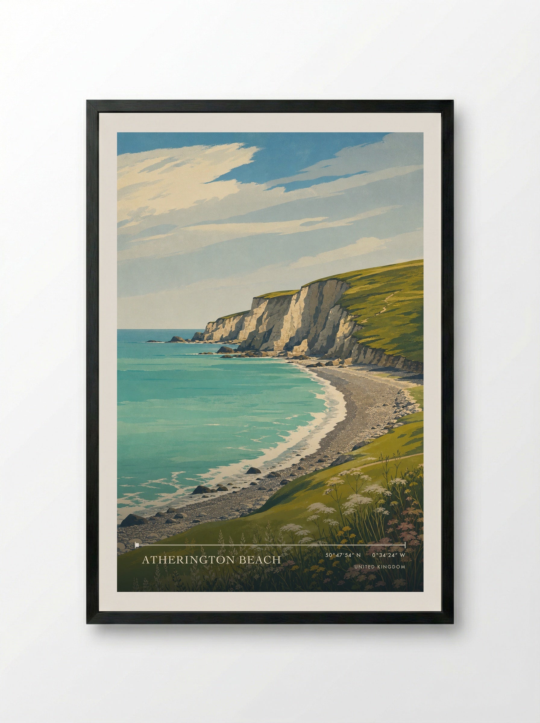 Atherington Beach United Kingdom Travel Poster - Framed Print Black
