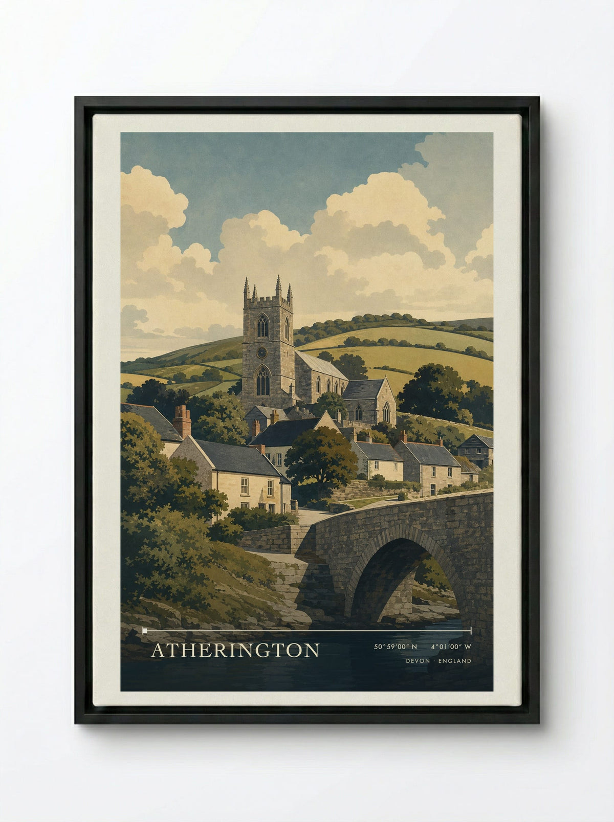 Atherington Devon England Travel Poster - Framed Canvas Black