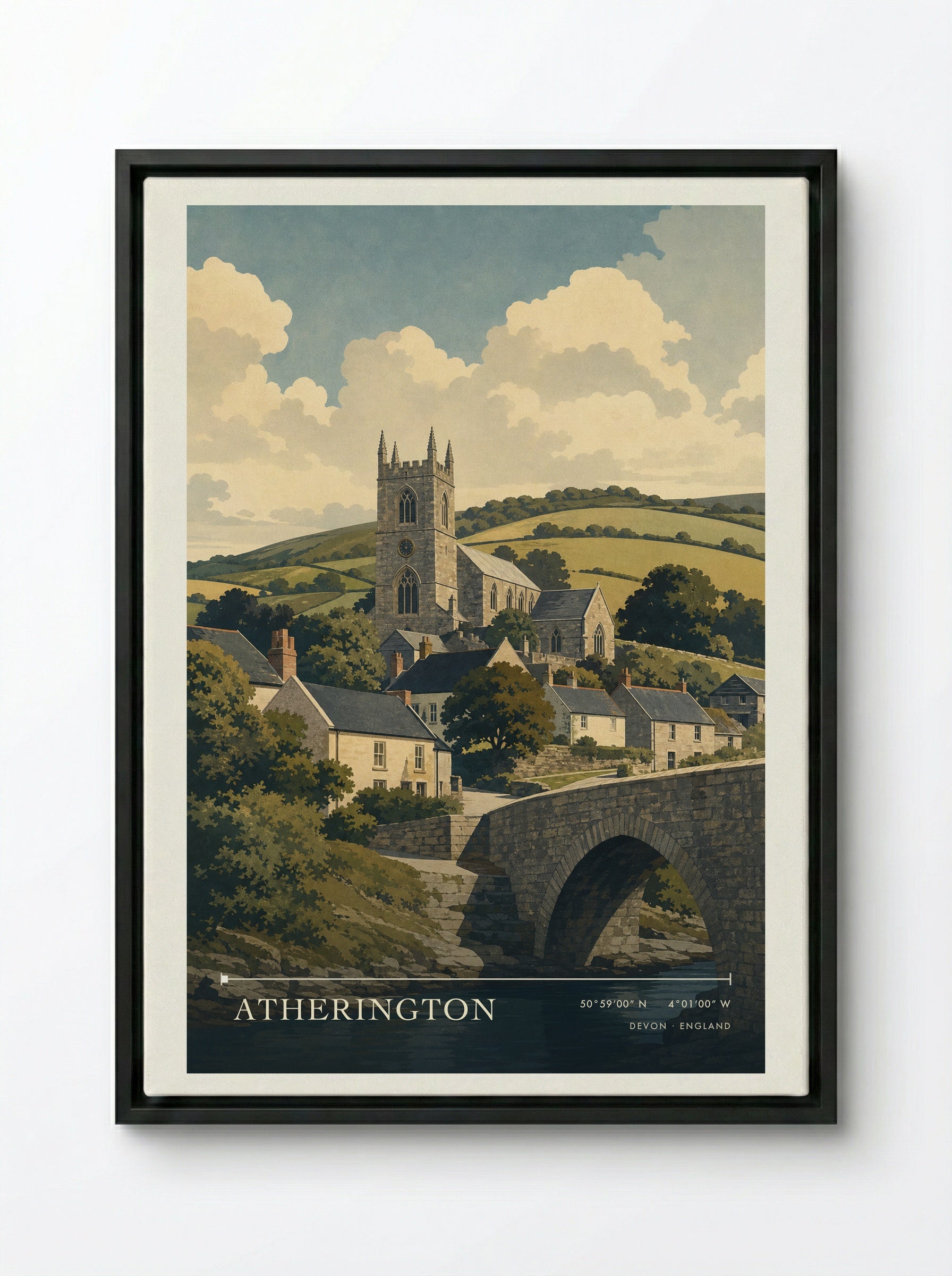 Atherington Devon England Travel Poster - Framed Canvas Black