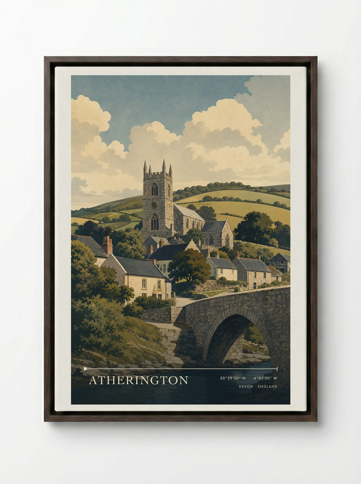 Atherington Devon England Travel Poster - Framed Canvas Dark Wood