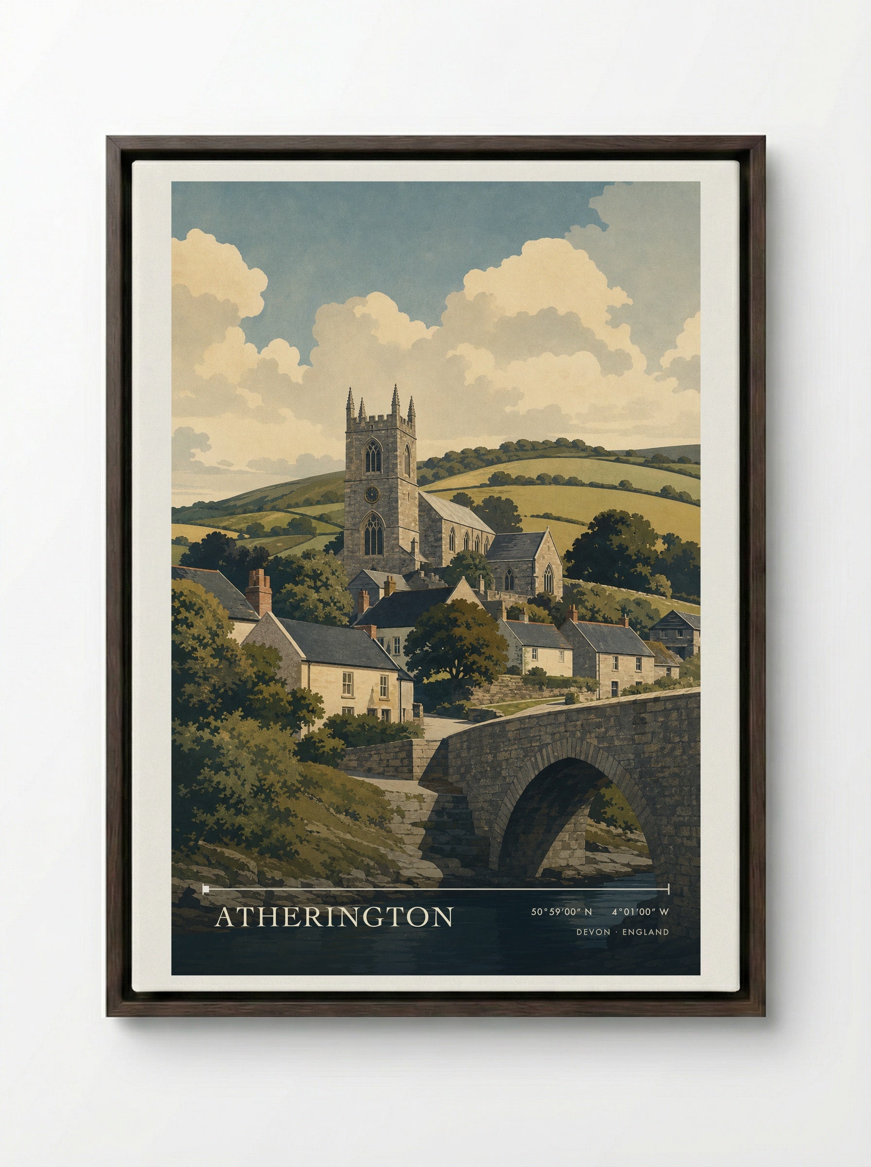 Atherington Devon England Travel Poster - Framed Canvas Dark Wood