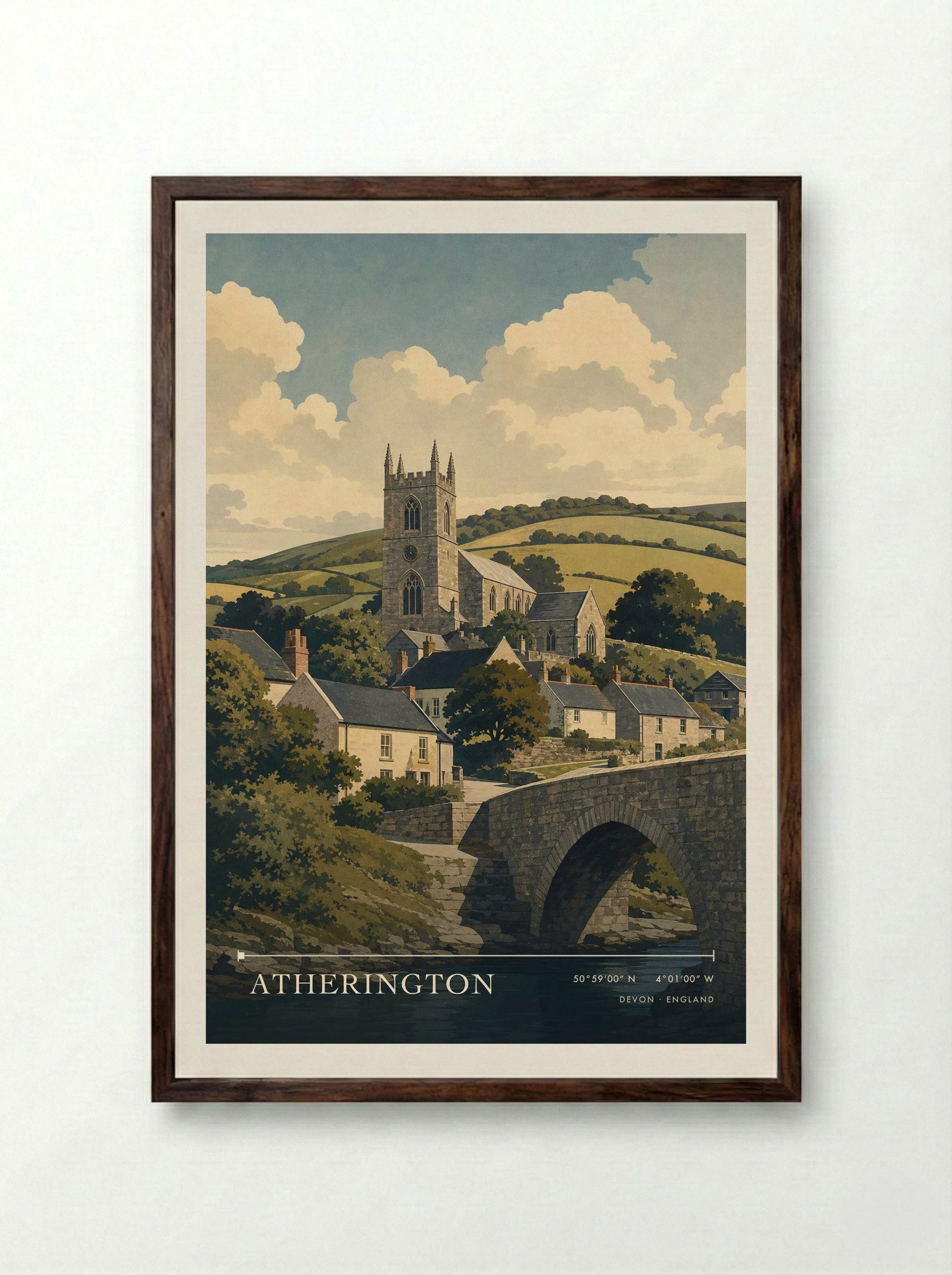 Atherington Devon England Travel Poster - Framed Print Dark Wood