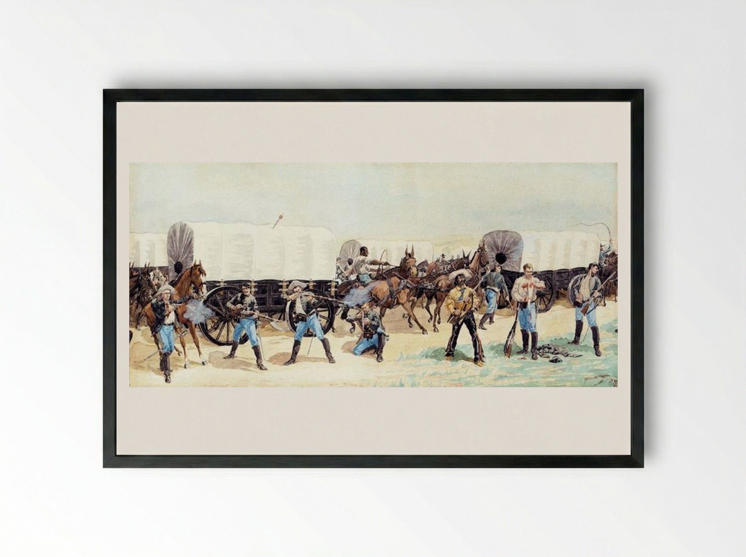 Attack on the Supply Train - Frederic Remington - Framed Print Black