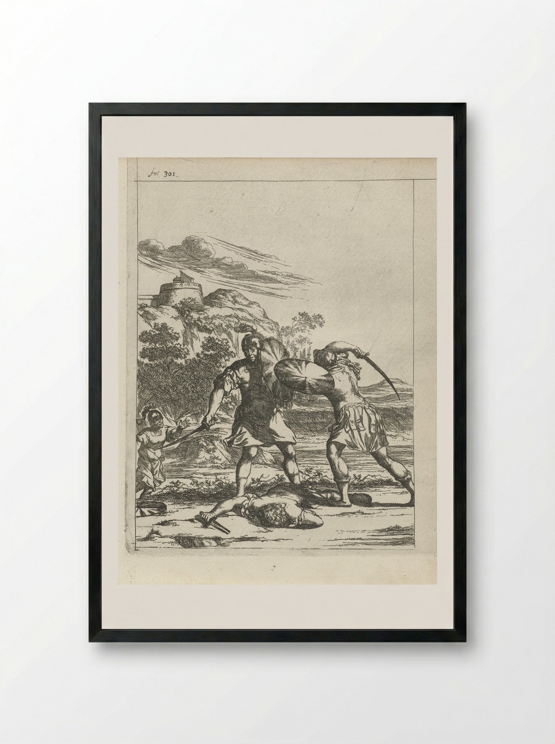 Attilus wordt door een zoon van zijn krijgsman gedood - Arnold Houbraken - Framed Print Black