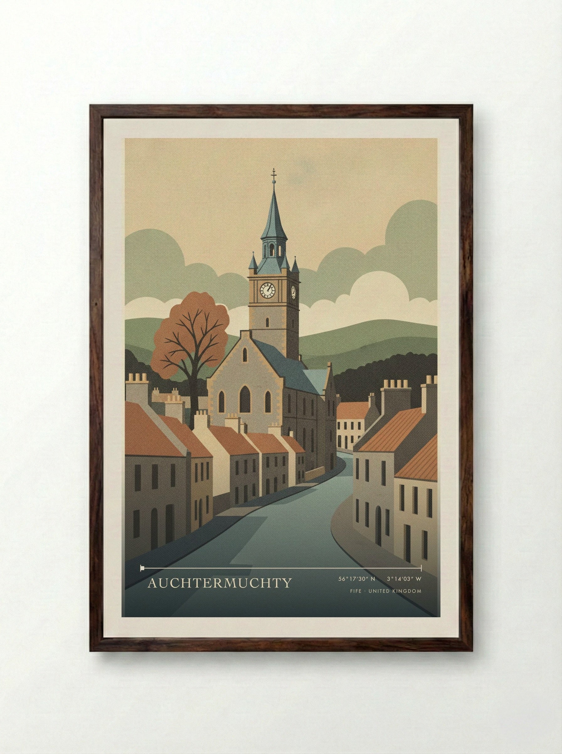 Auchtermuchty Fife United Kingdom Travel Poster - Framed Print Dark Wood