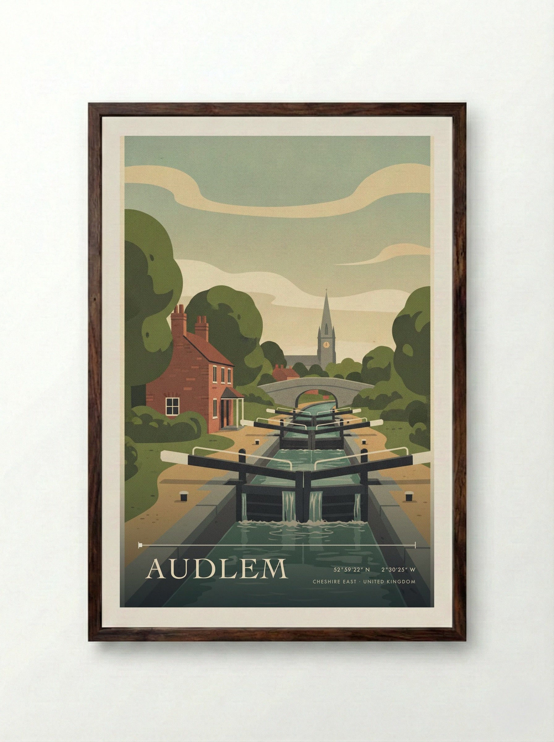 Audlem Cheshire East United Kingdom Travel Poster - Framed Print Dark Wood