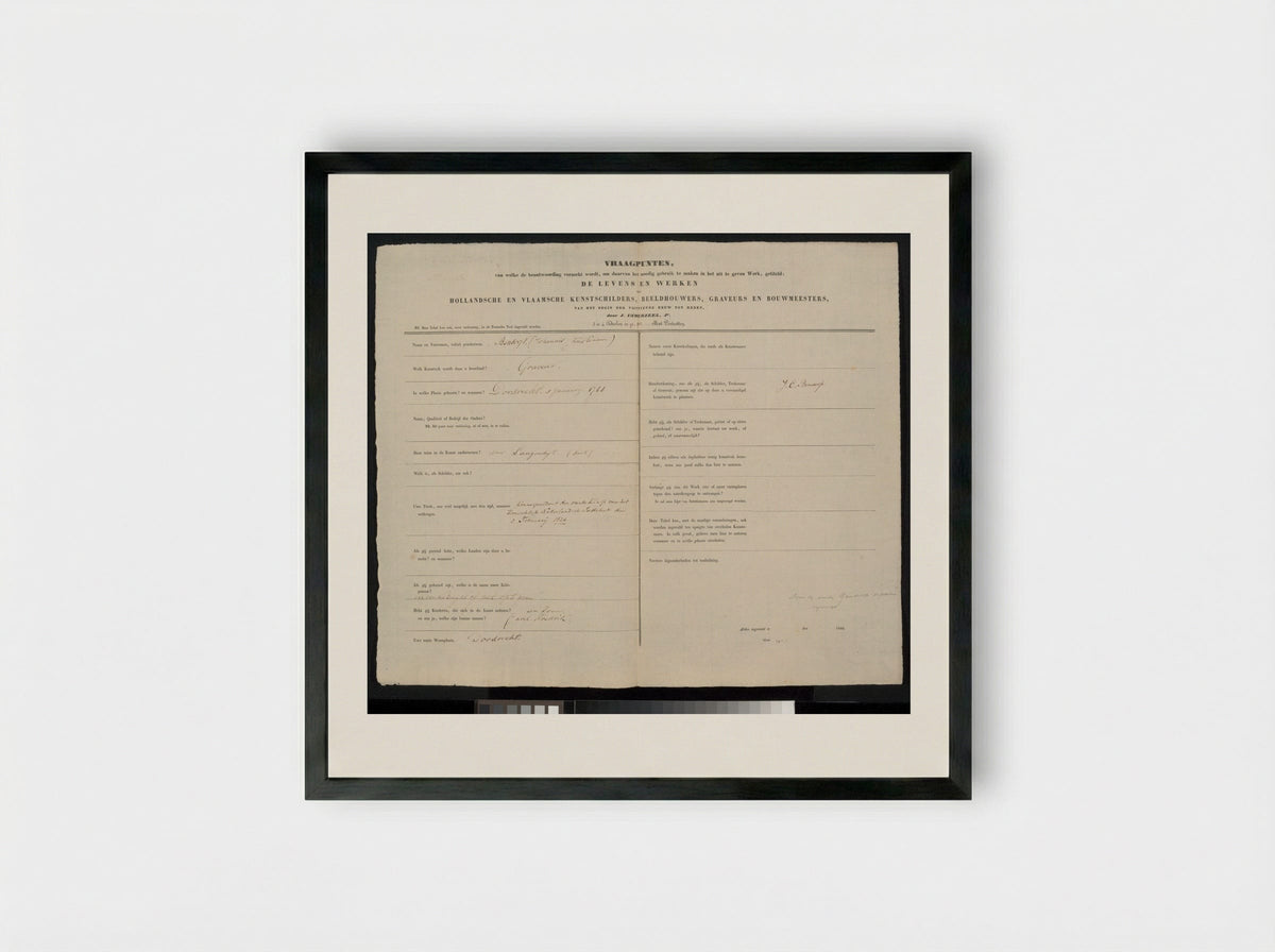 Autobiographical Questionnaire - Johannes Christiaan Bendorp - Framed Print Black