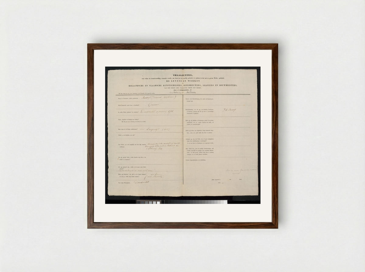 Autobiographical Questionnaire - Johannes Christiaan Bendorp - Framed Print Dark Wood