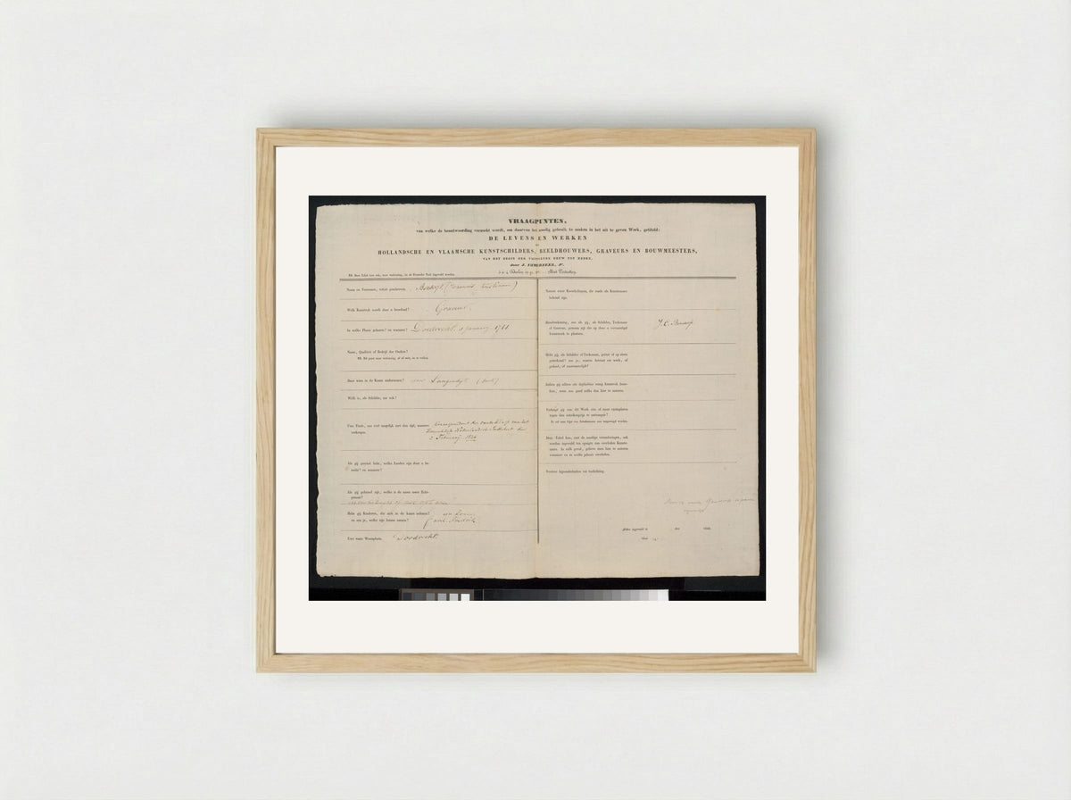 Autobiographical Questionnaire - Johannes Christiaan Bendorp - Framed Print Wood