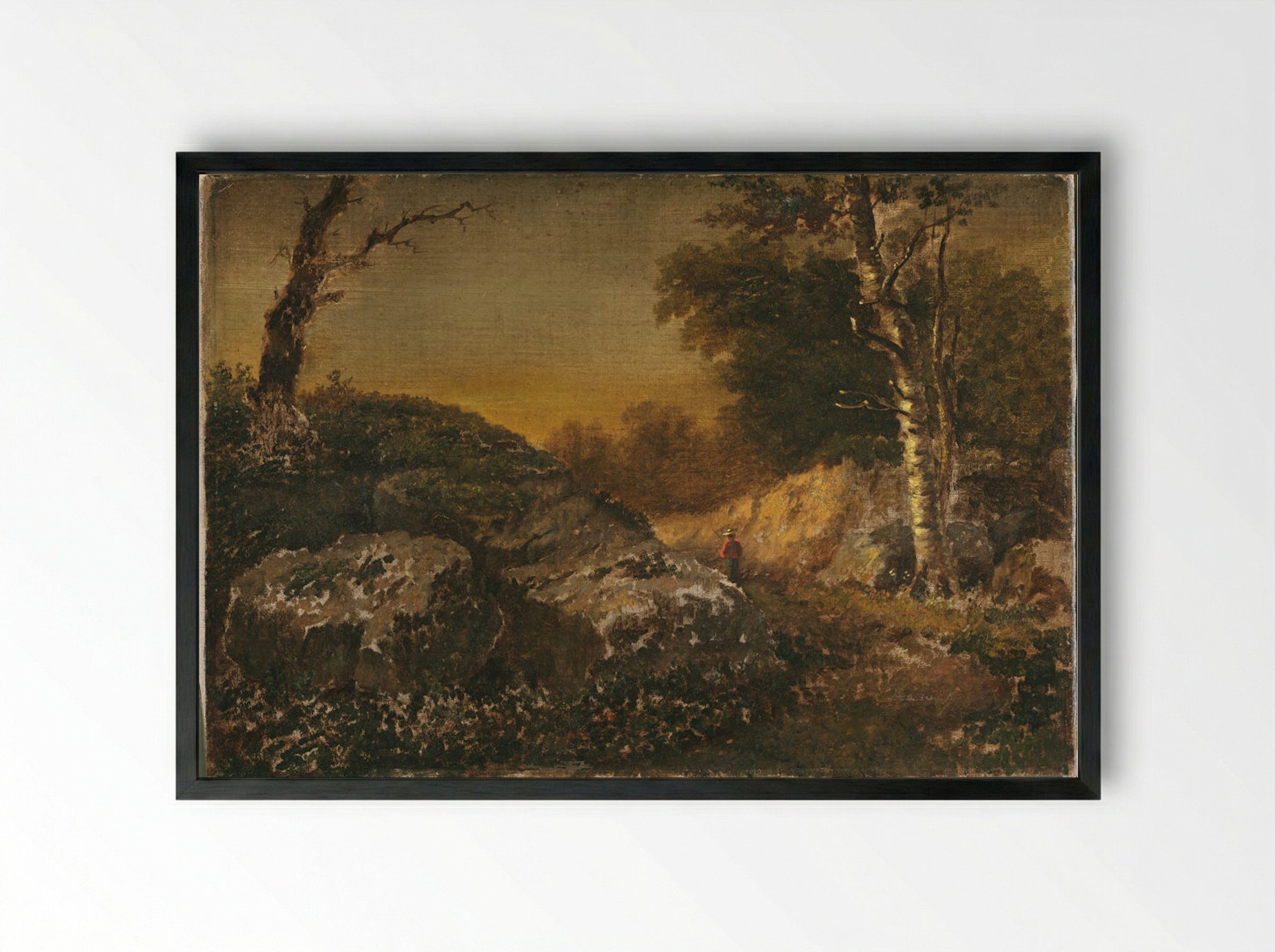 Autumn Landscape with Man Fishing - William Morris Hunt - Framed Print Black