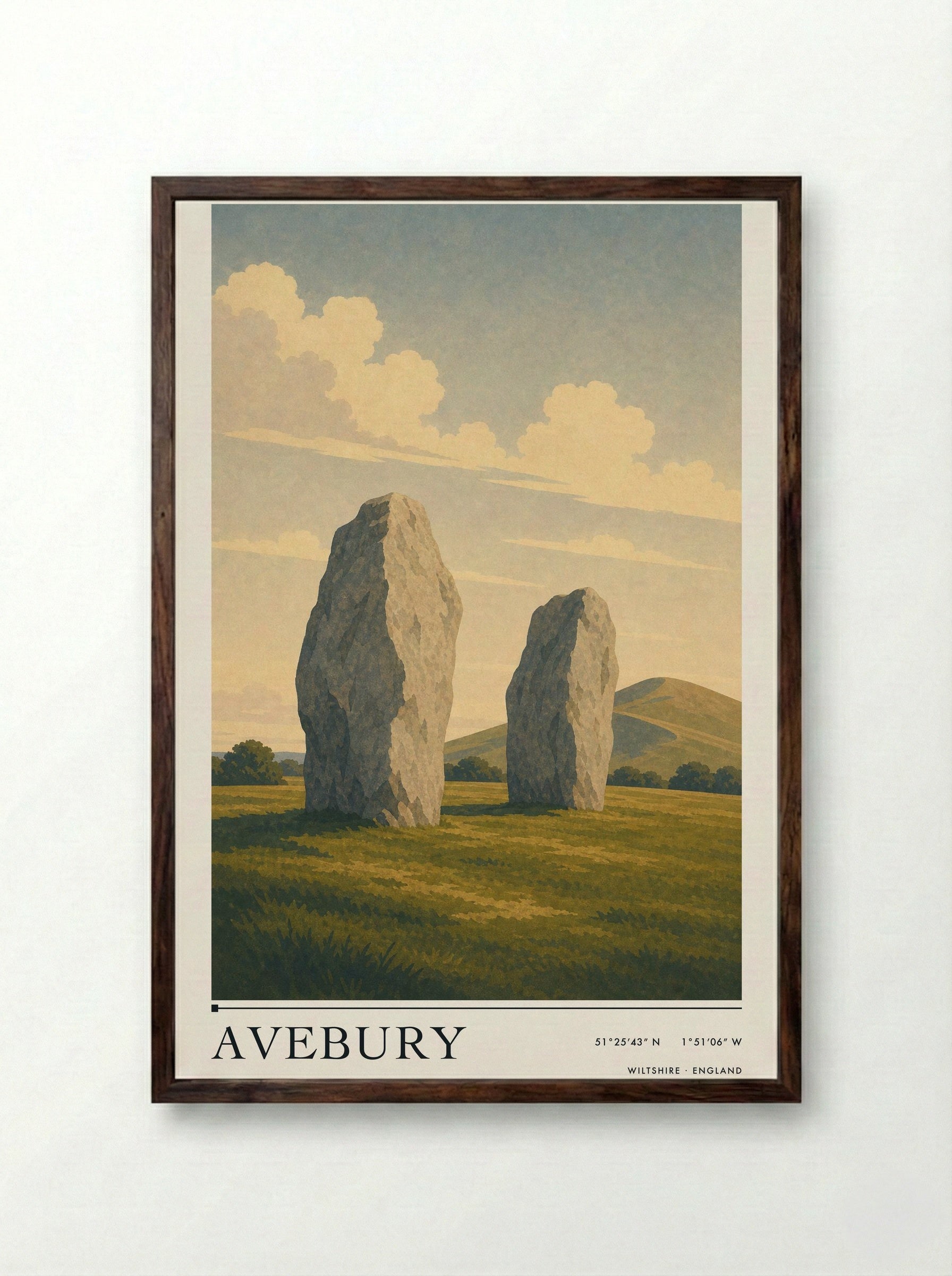 Avebury Wiltshire England Travel Poster - Framed Print Dark Wood