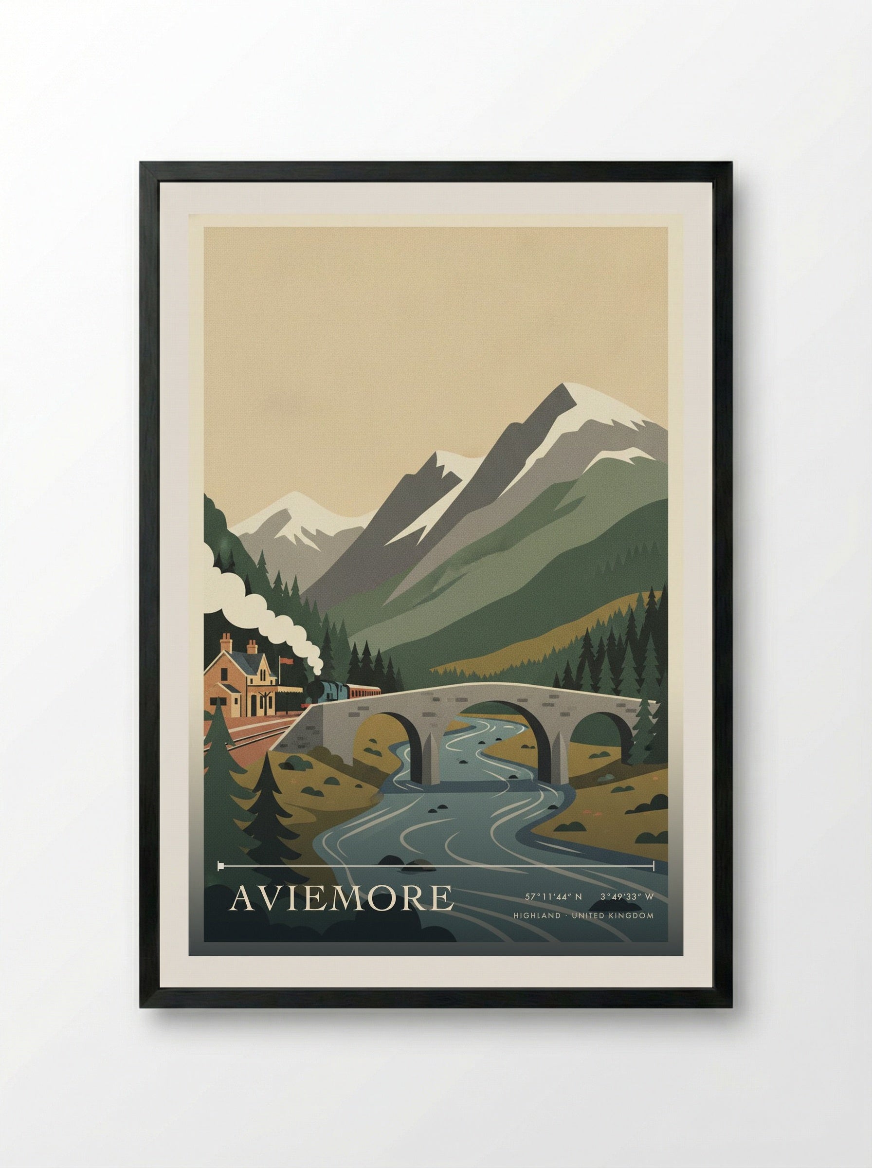 Aviemore Highland United Kingdom Travel Poster - Framed Print Black