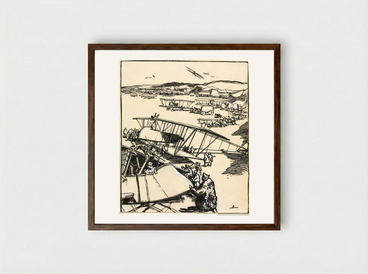 Avions reposant sur le terrain (recto) - Auguste Louis Lepère - Framed Print Dark Wood