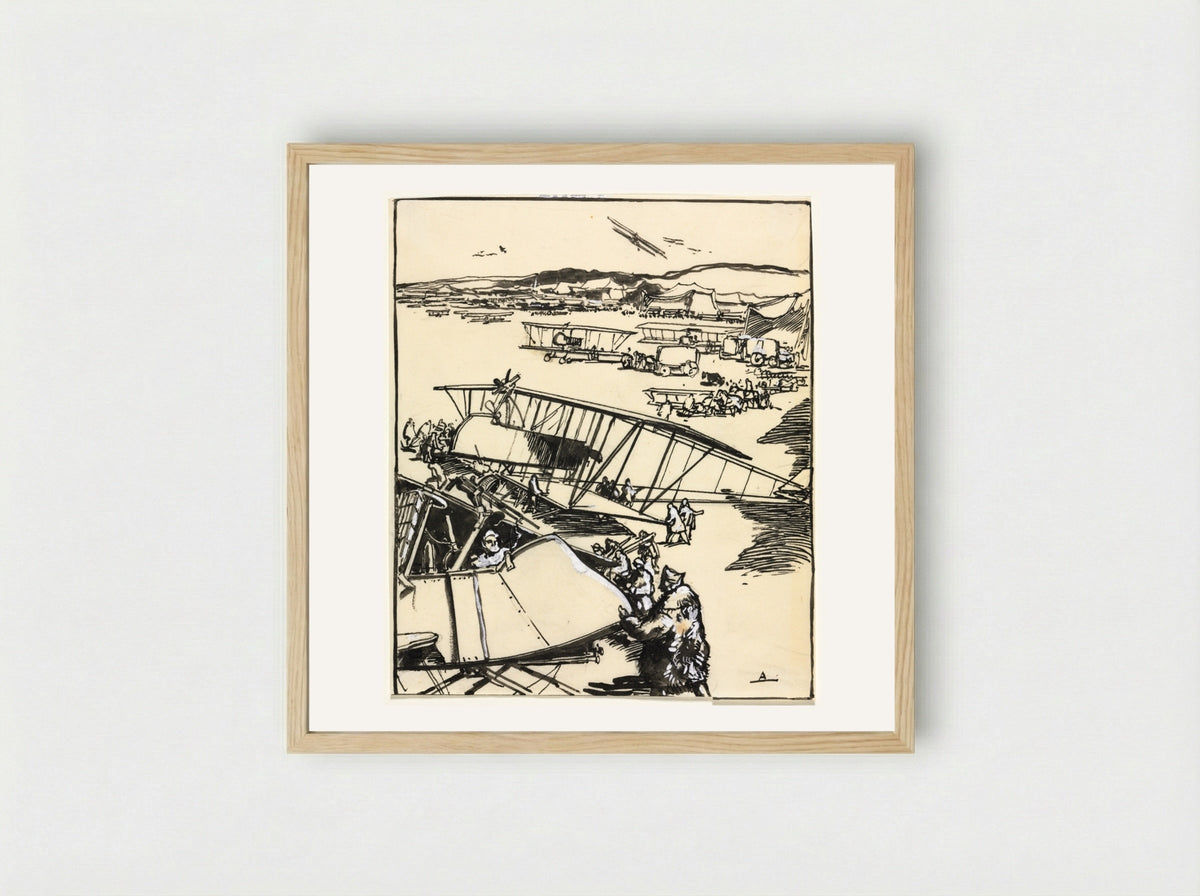 Avions reposant sur le terrain (recto) - Auguste Louis Lepère - Framed Print Wood