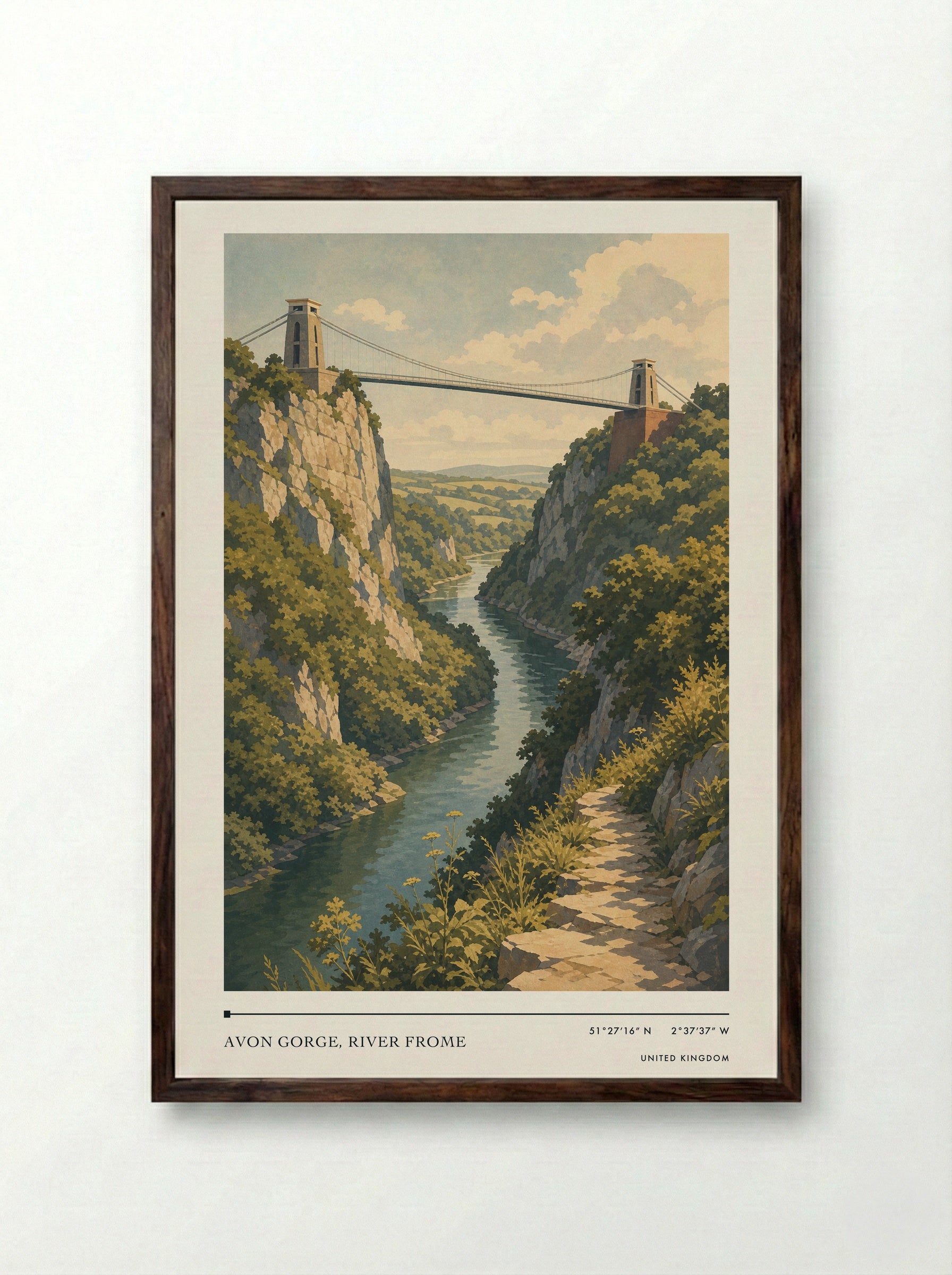 Avon Gorge, River Frome United Kingdom Travel Poster - Framed Print Dark Wood