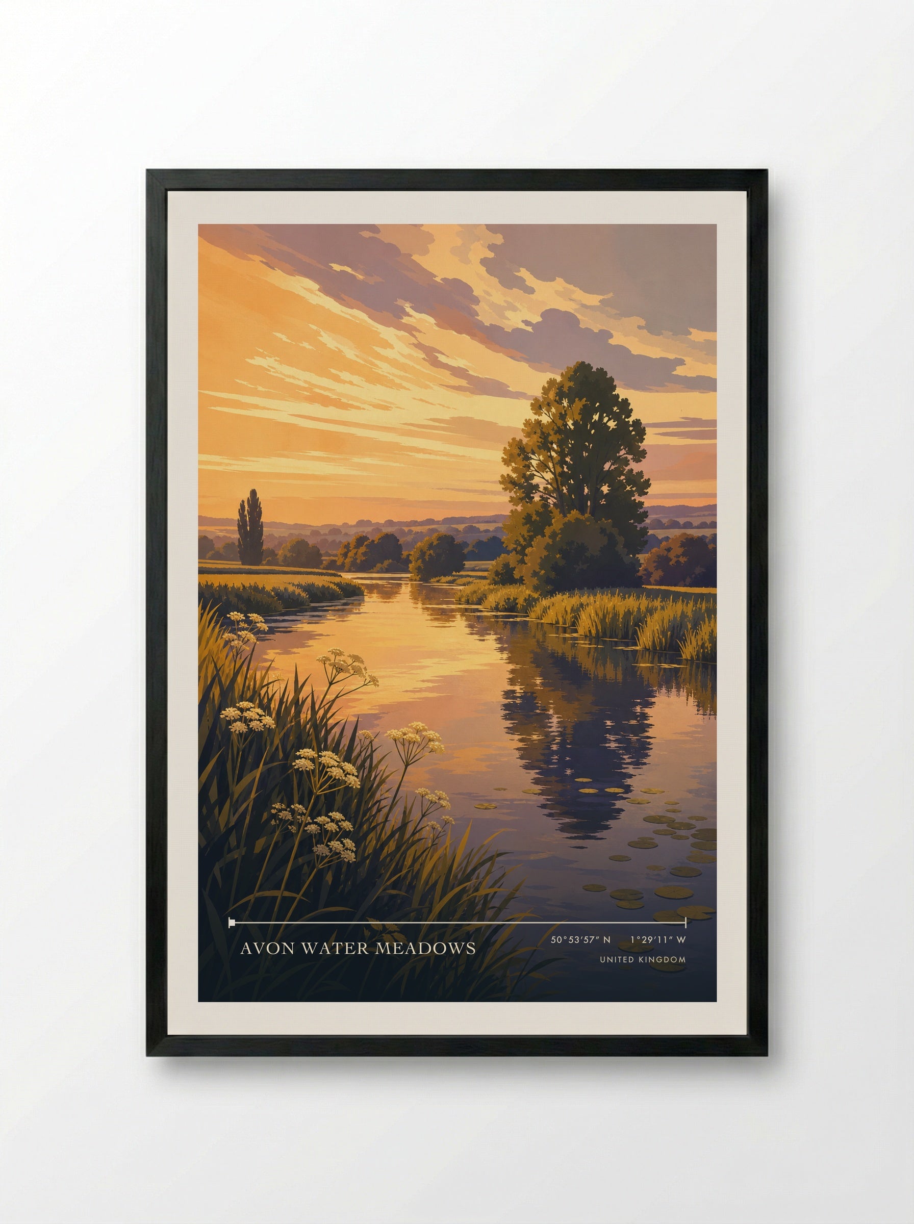 Avon Water Meadows United Kingdom Travel Poster - Framed Print Black