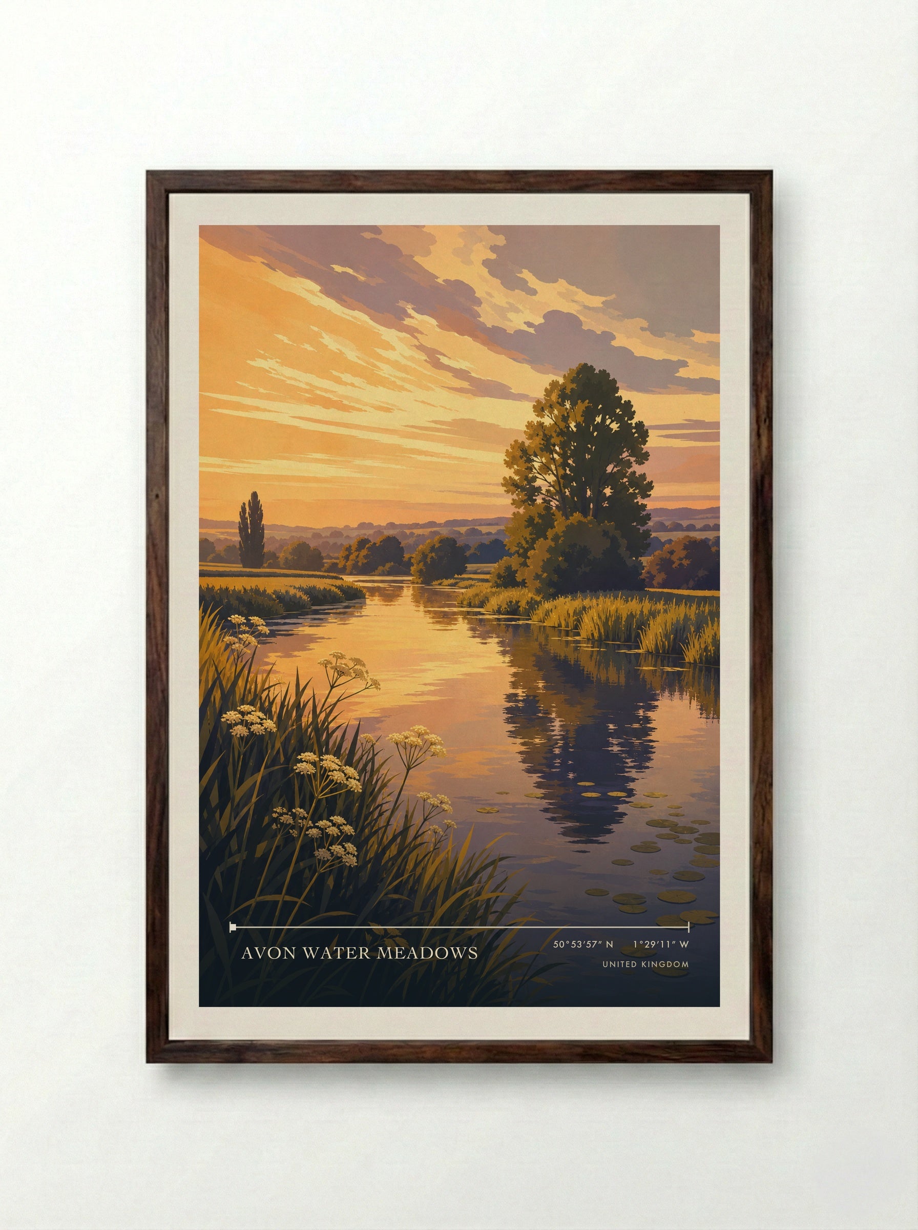 Avon Water Meadows United Kingdom Travel Poster - Framed Print Dark Wood