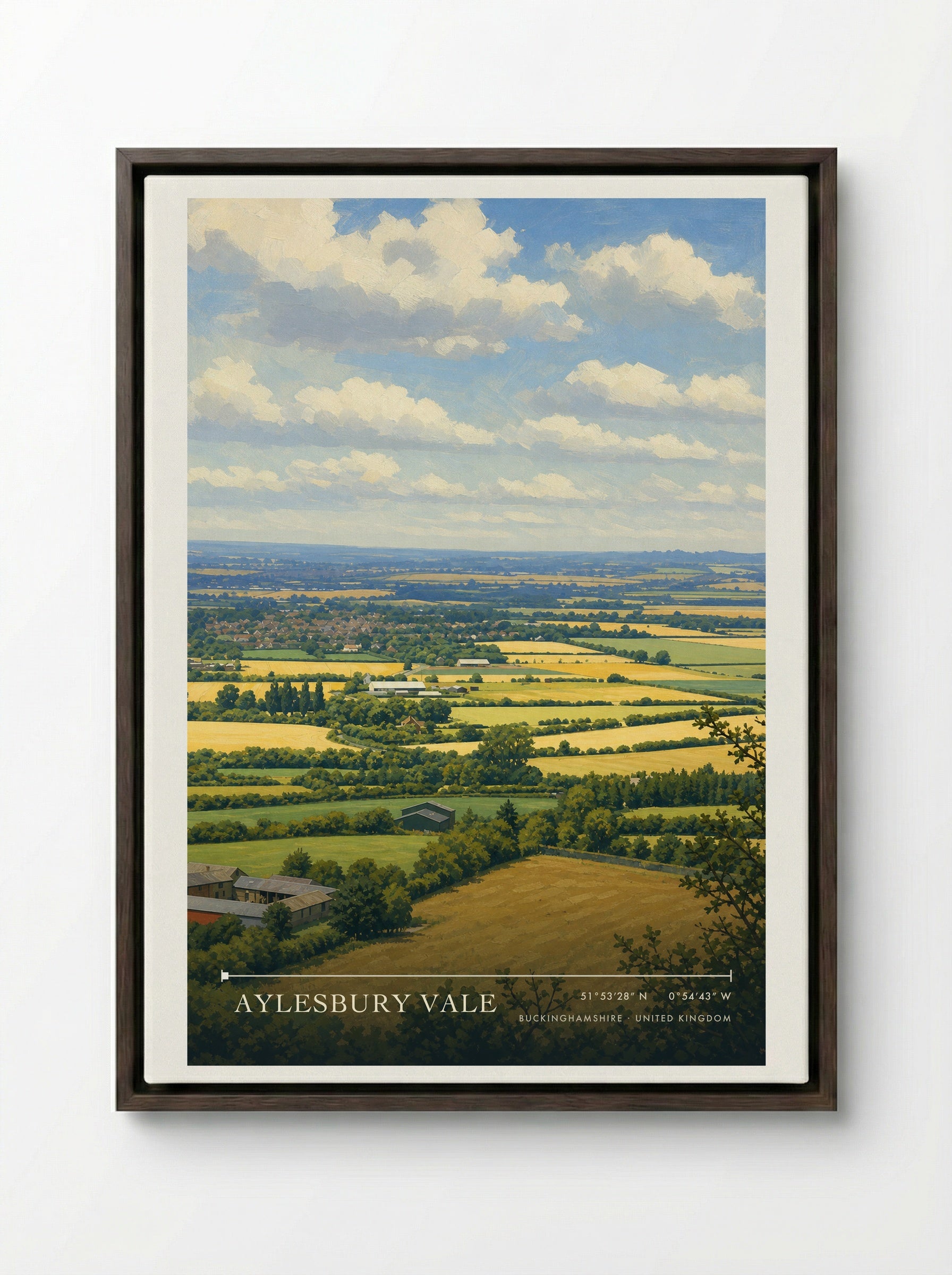 Aylesbury Vale Buckinghamshire United Kingdom Travel Poster - Framed Canvas Dark Wood