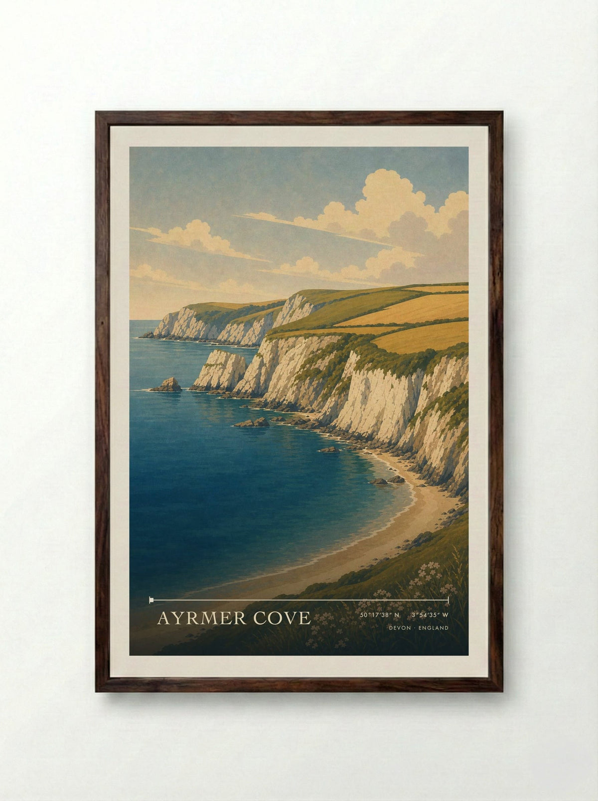 Ayrmer Cove Devon England Travel Poster - Framed Print Dark Wood