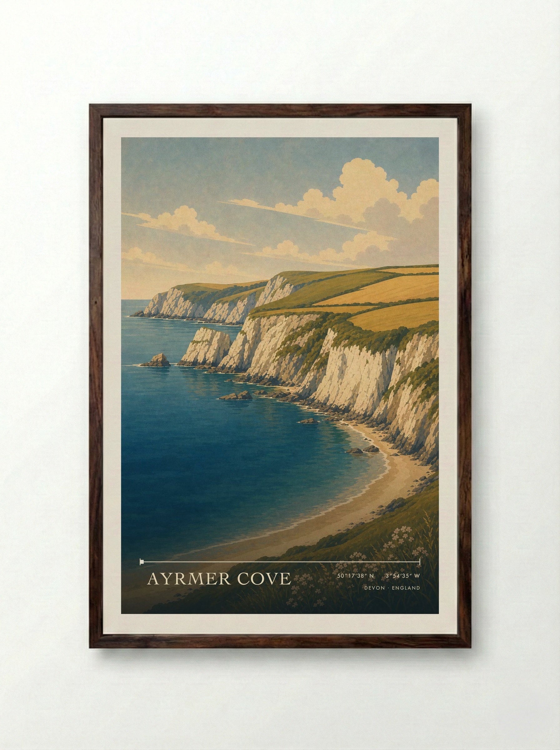 Ayrmer Cove Devon England Travel Poster - Framed Print Dark Wood