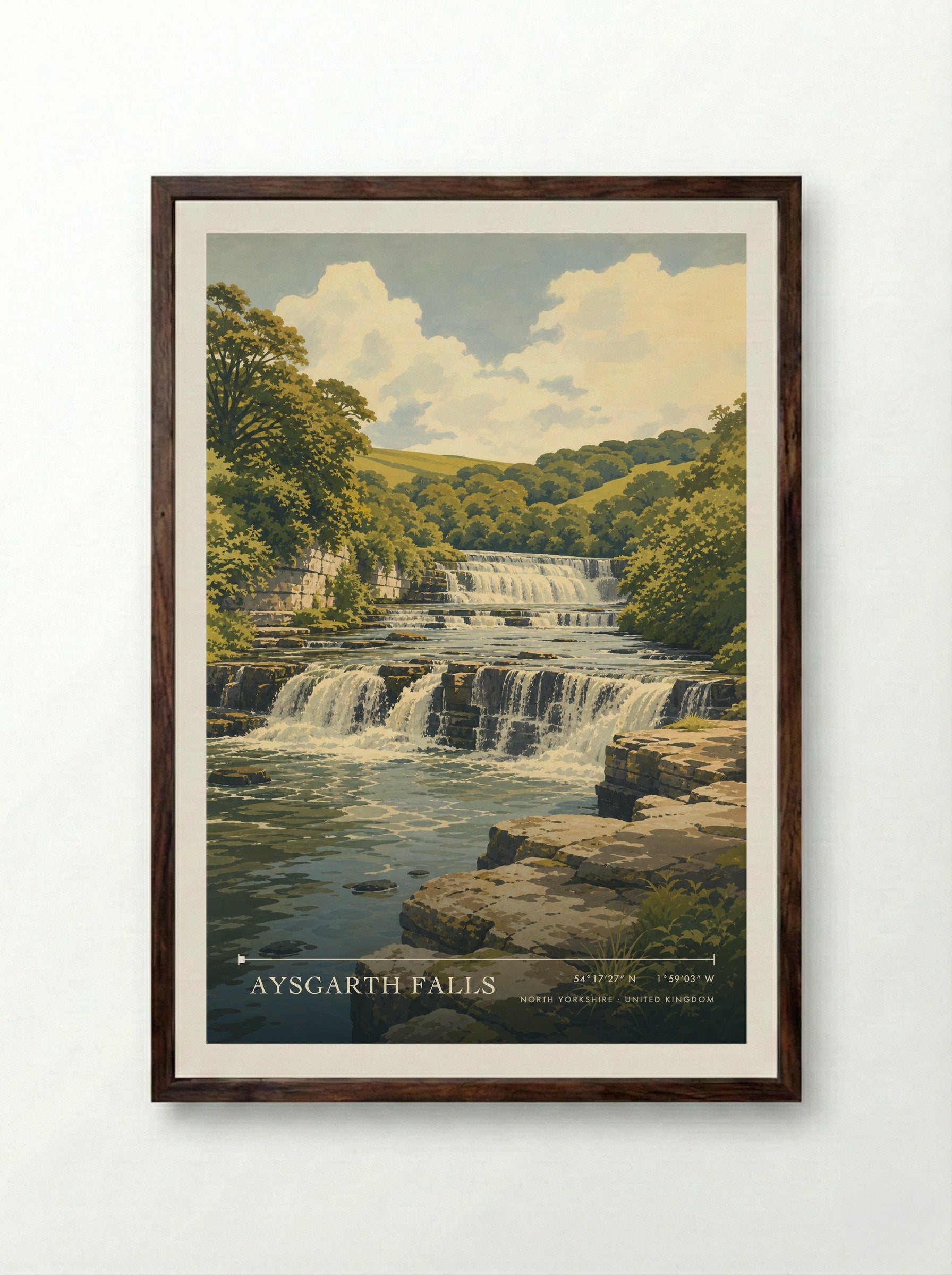 Aysgarth Falls North Yorkshire United Kingdom Travel Poster - Framed Print Dark Wood