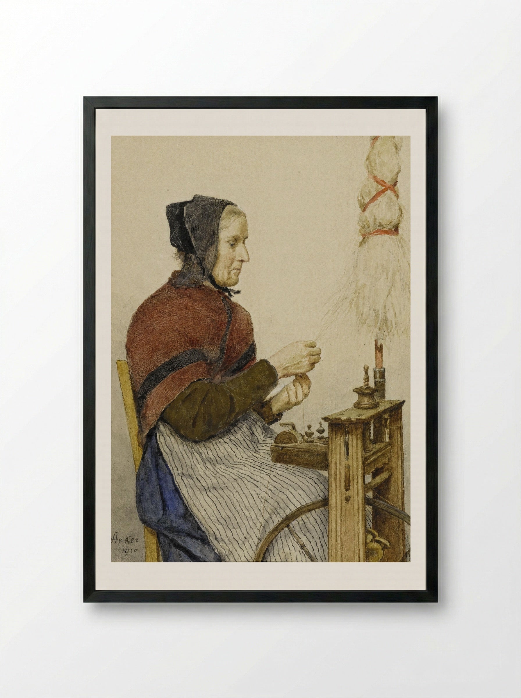 Bäuerin am Spinnrad - Albert Anker - Framed Print Black