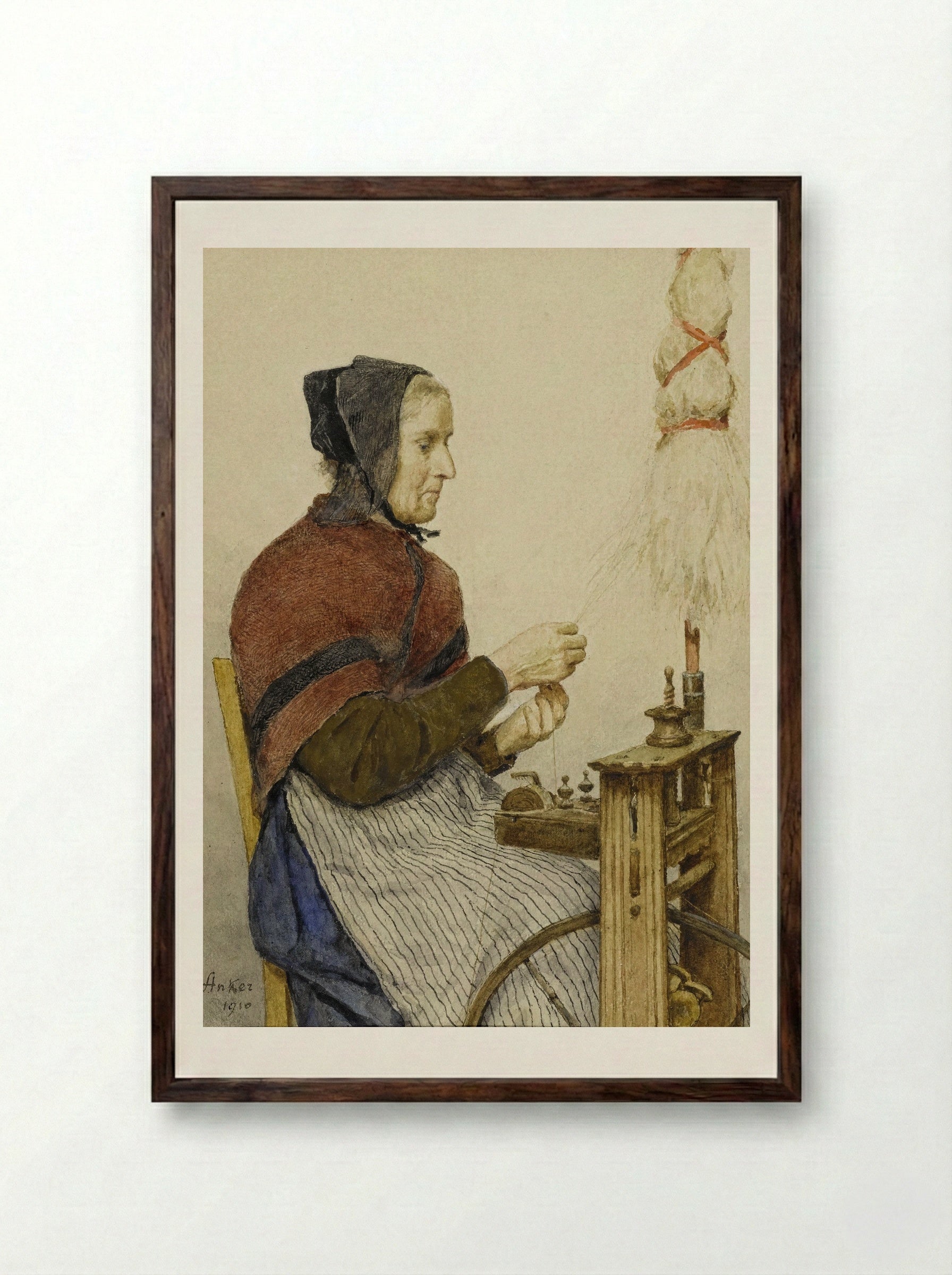 Bäuerin am Spinnrad - Albert Anker - Framed Print Dark Wood