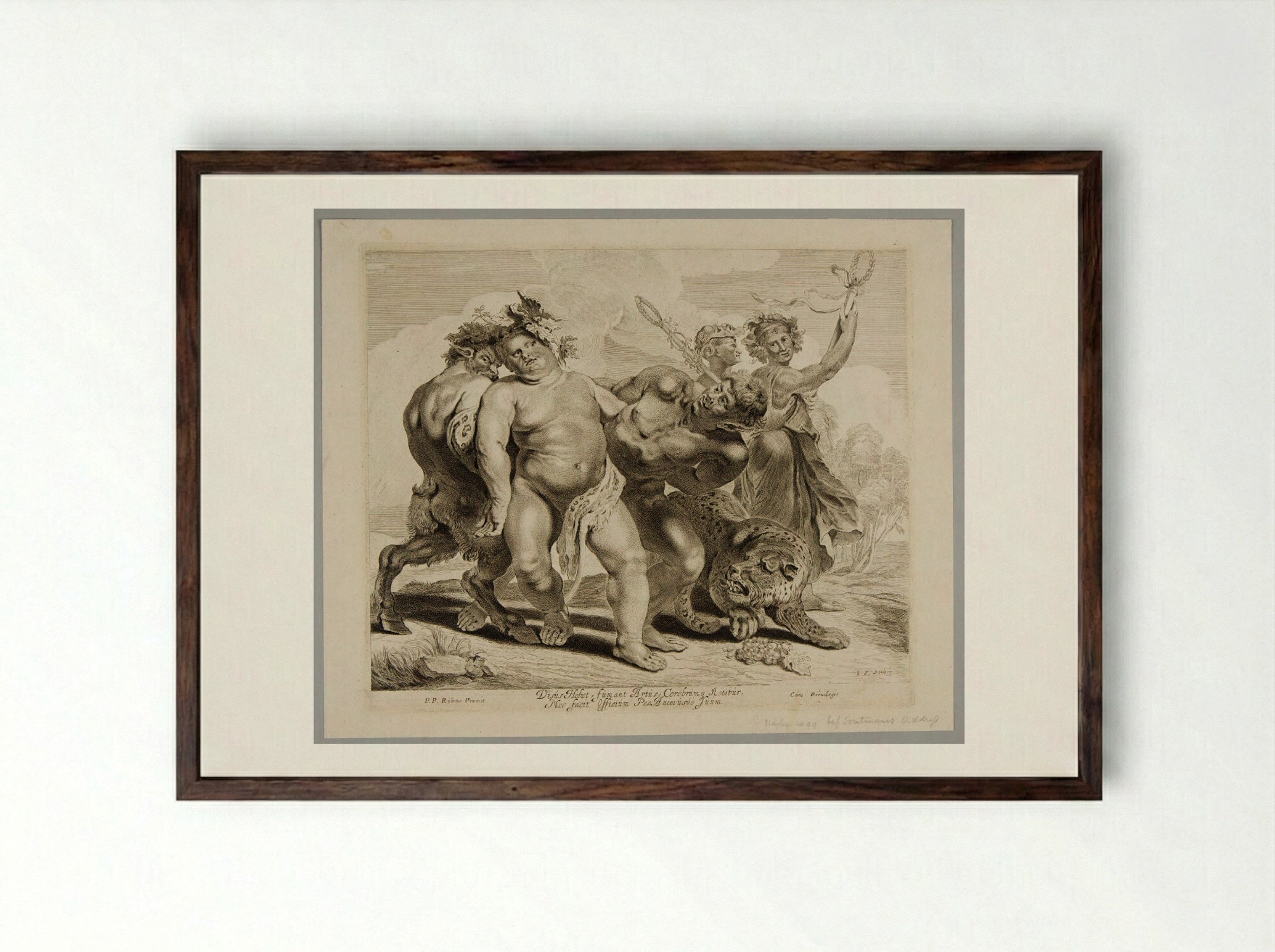 Bacchus Led by a Satyr and a Faun - Jonas Suyderhoef - Framed Print Dark Wood