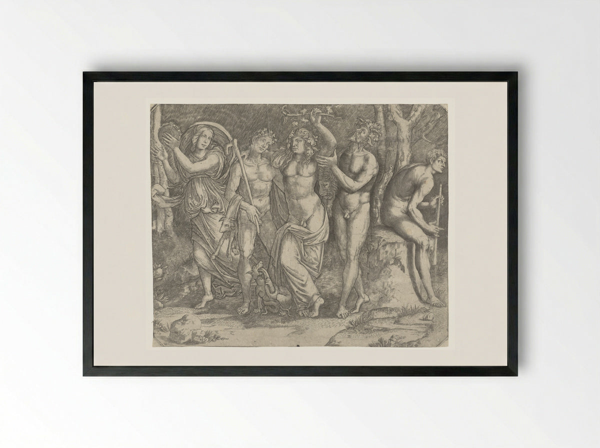 Bacchus with Bacchanals and a Maenad with a Tambourine - Giacomo Francia - Framed Print Black